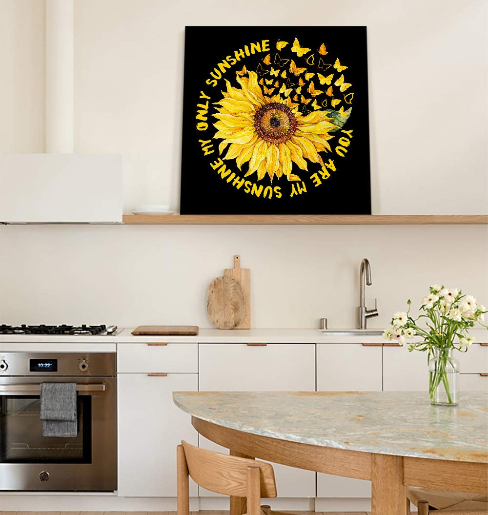 Sunflower Canvas Wall Art 28x28 Inch - Yellow Flowers & Butterflies Painting on Black Backdrop for Living Room, Office & Home Decor - Ready to Hang Wall Artwork for Modern Interior Design & Housewarming Gifts