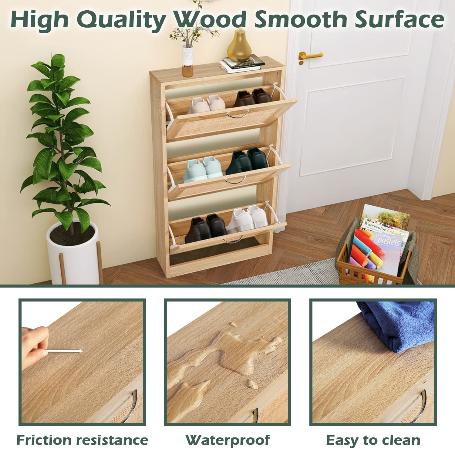 HOPUBUY 3-Tier Rattan Shoe Storage Cabinet - Narrow Entryway Shoe Organizer with Hidden Design for Home & Apartment - Natural Wood Slim Shoe Rack for Small Spaces - Perfect for Hallway, Closet or Bedroom Organization