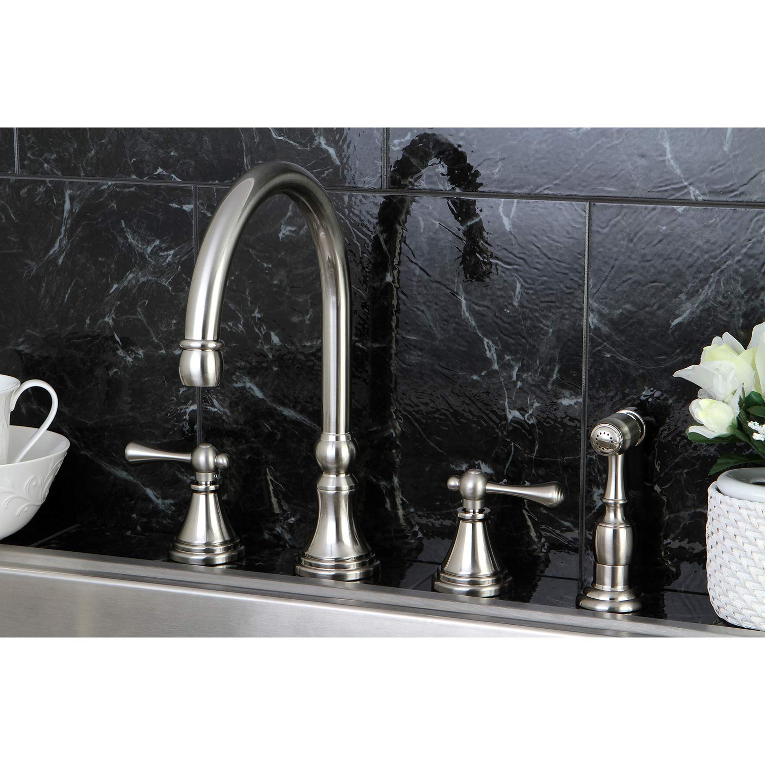 Kingston Brass KS2798BLBS 8-Inch Brushed Nickel Deck Mount Kitchen Faucet with Pull-Down Sprayer - Perfect for Modern Farmhouse & Commercial Style Kitchens