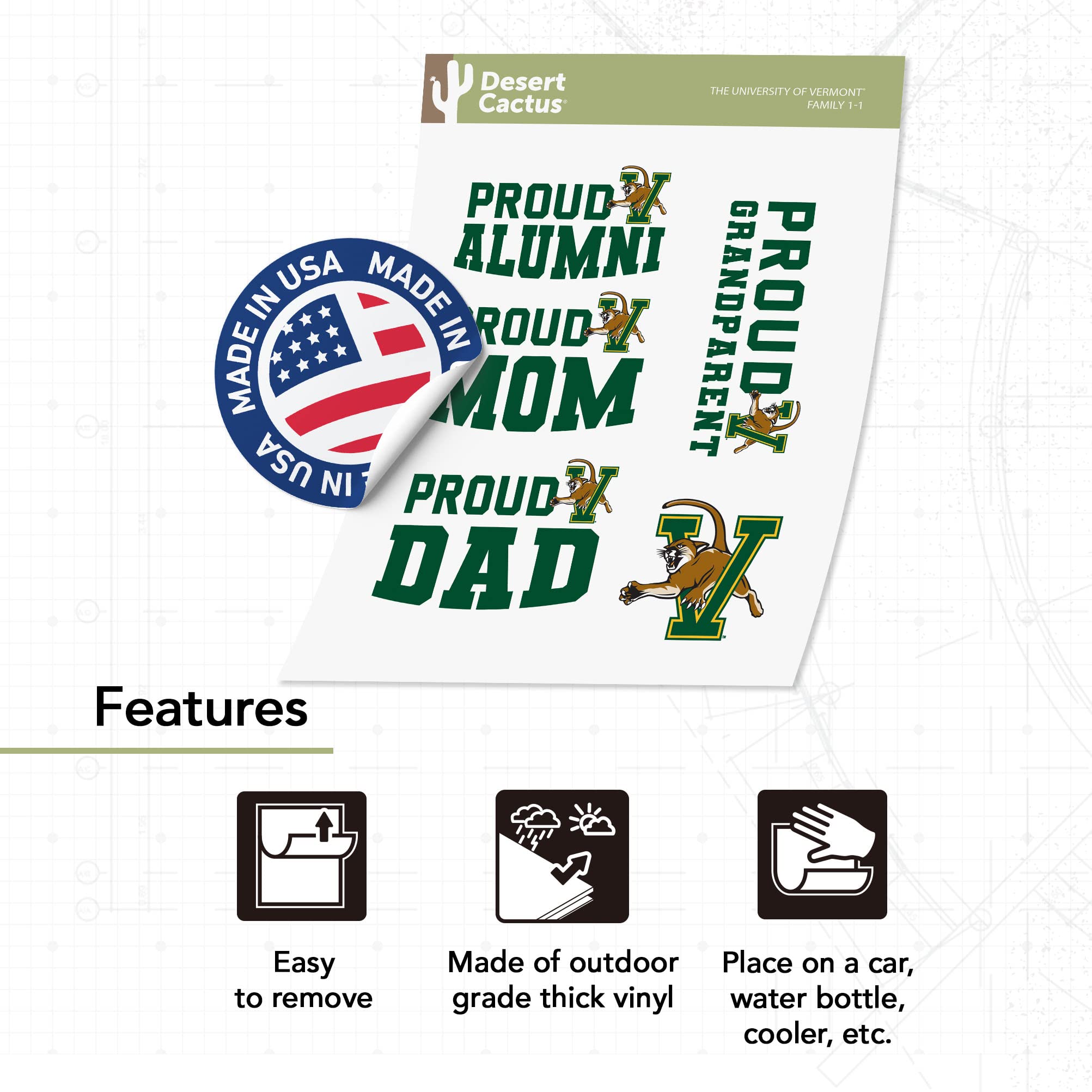 University of Vermont Catamounts Desert Cactus Vinyl Decal Sticker - Waterproof Laptop, Water Bottle, Car, Scrapbook Decor - Perfect for College Dorm, School Spirit & Alumni Gifts (Family Full Sheet)
