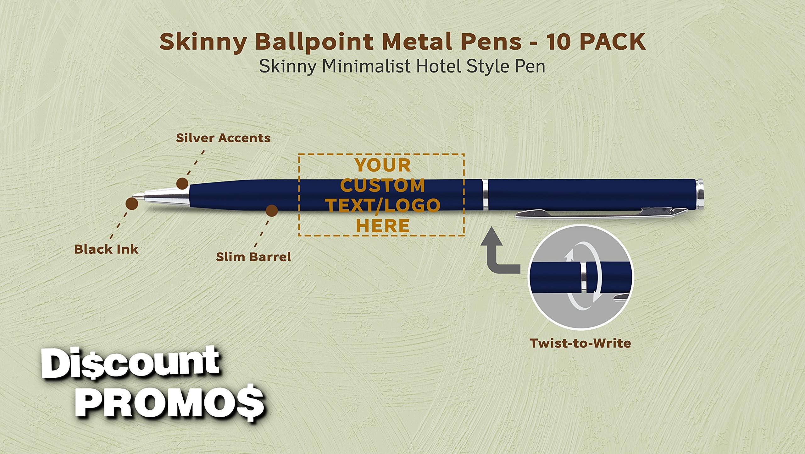 10 Pack Customizable Skinny Ballpoint Metal Pens with Black Ink - Sleek Twist-Off Design for Office, School & Gifts - Engrave Your Logo or Text (Blue)