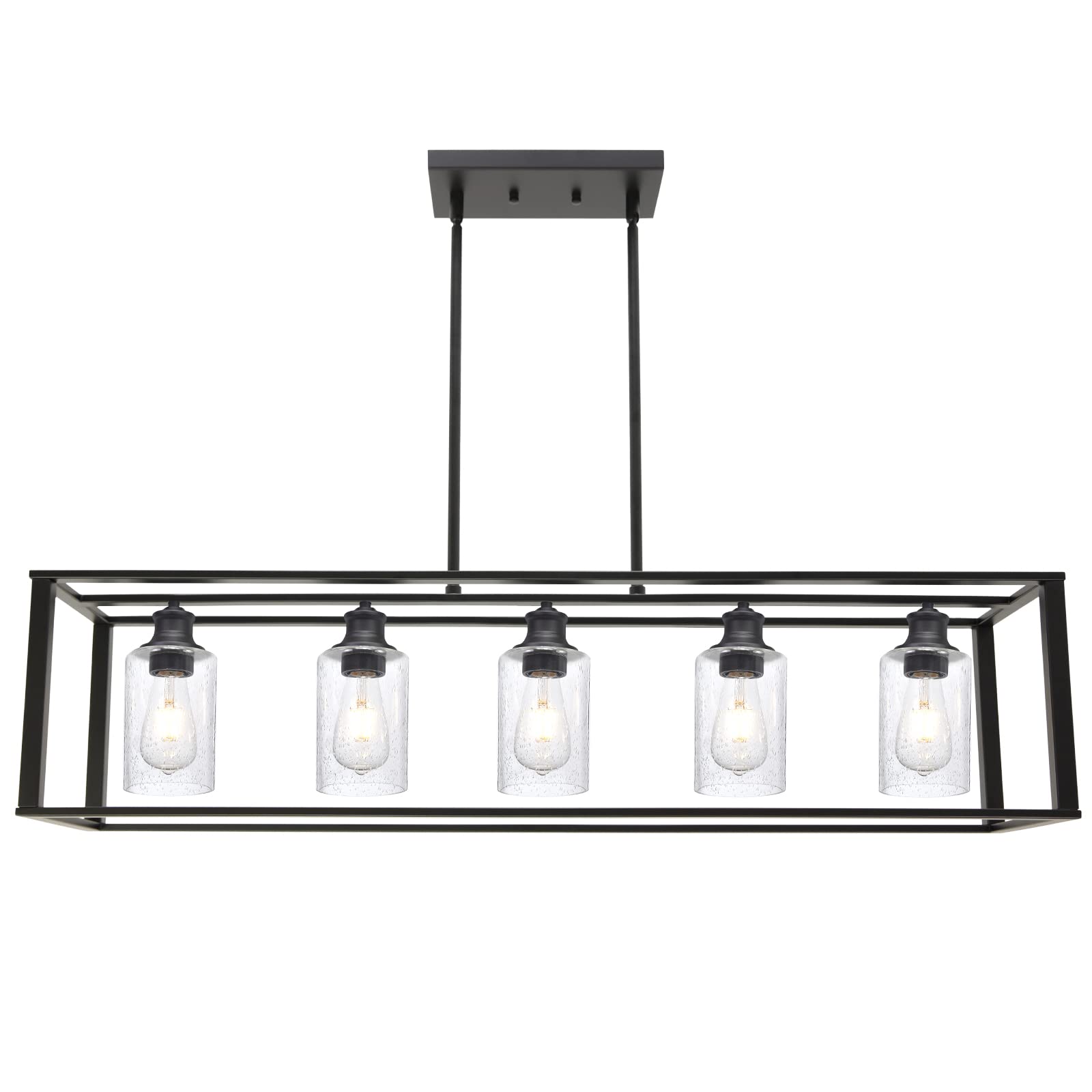 5-Lights Modern Linear Chandelier - Black Industrial Kitchen Island Lighting with Seeded Glass for Dining Room, Farmhouse Ceiling Pendant Lights Over Table | Perfect for Kitchen Islands, Dining Areas, and Open Concept Spaces