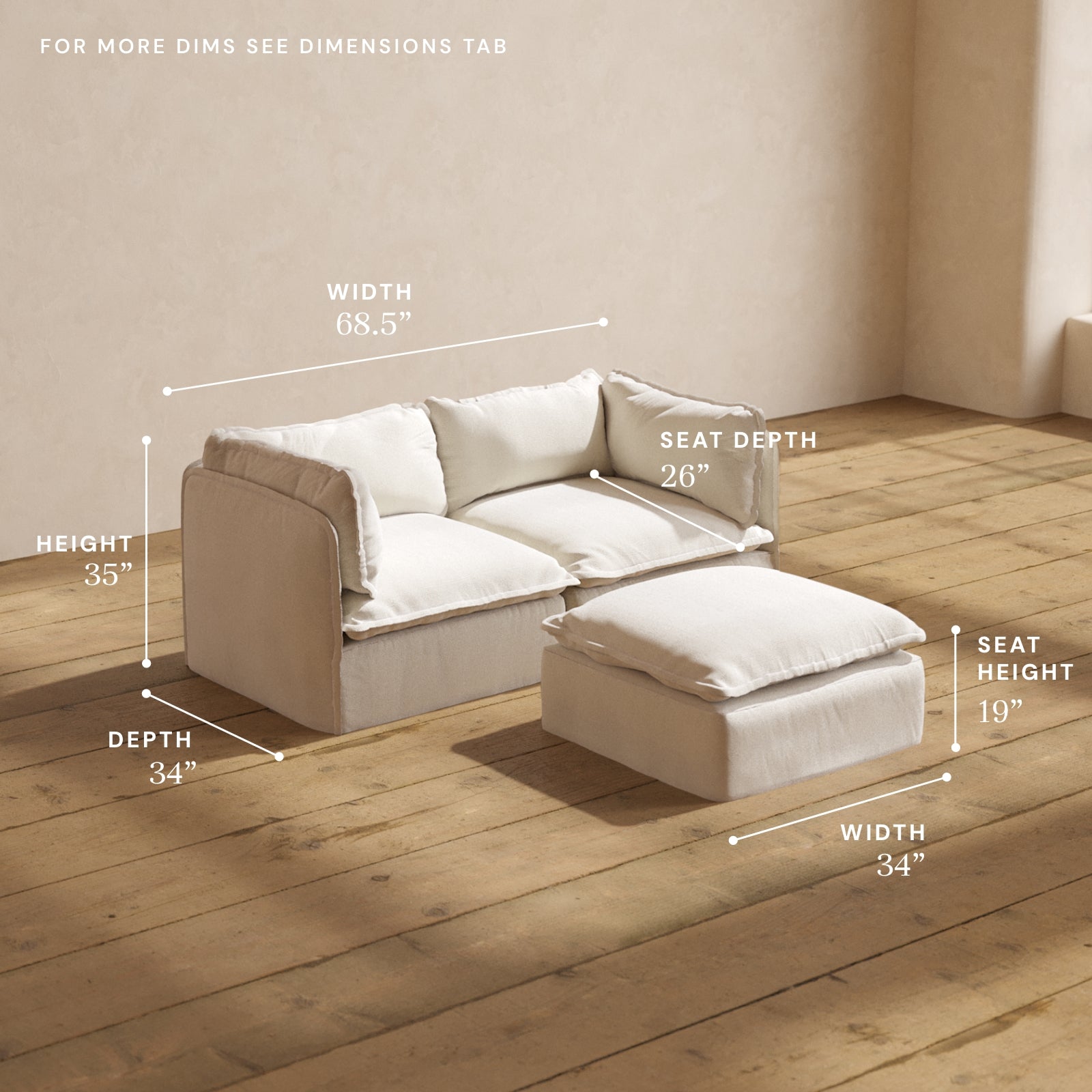 Modular Performance 2 Seater Sofa with Ottoman in Flour Fabric - Modern Sectional Couch for Living Room, Lounge & Family Room - Comfortable Blend for Relaxing & Entertaining