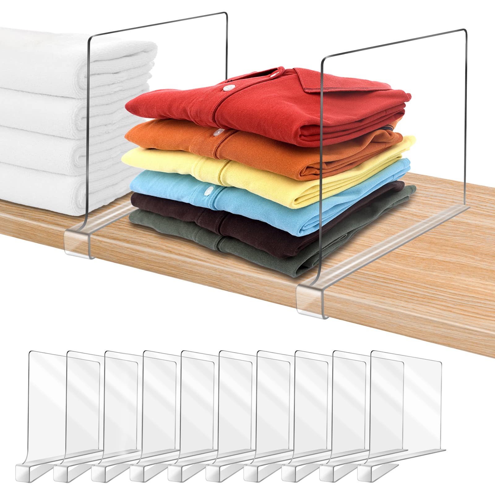 10-Pack Clear Acrylic Shelf Dividers for Closet Organization - Wood Shelf Organizer, Closet Separator & Storage Solution - Perfect for Pantry, Bookshelf, and Wardrobe Organization