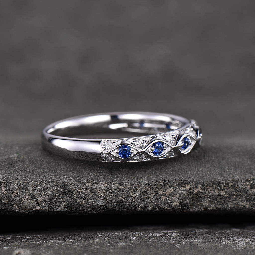 Vintage Sapphire and Diamond Wedding Band for Women - 14K White Gold Stackable Half Eternity Ring - Perfect for Bridal Jewelry, Anniversary Gifts & Stacking Rings Collection