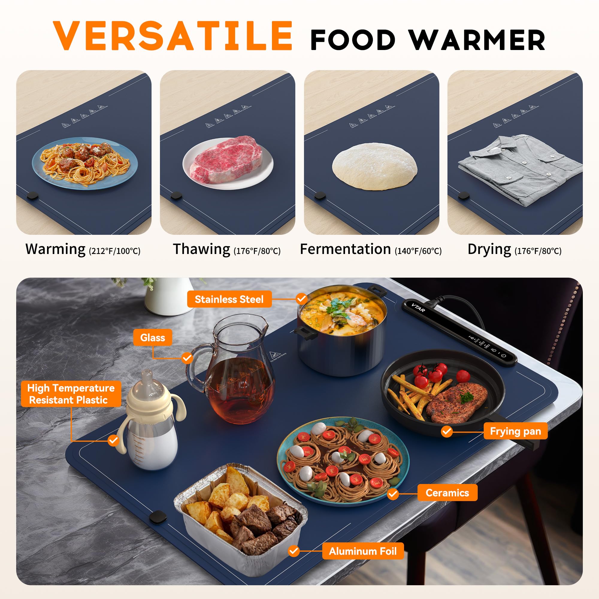 Electric Food Warming Mat - Portable Silicone Buffet Tray Warmer with 3 Temperature Settings & Auto Shut Off | Keep Dishes Warm for Parties, Catering & Home Use | Rollable Design for Easy Storage | Premium Blue Heating Pad for Hot Logic Meals