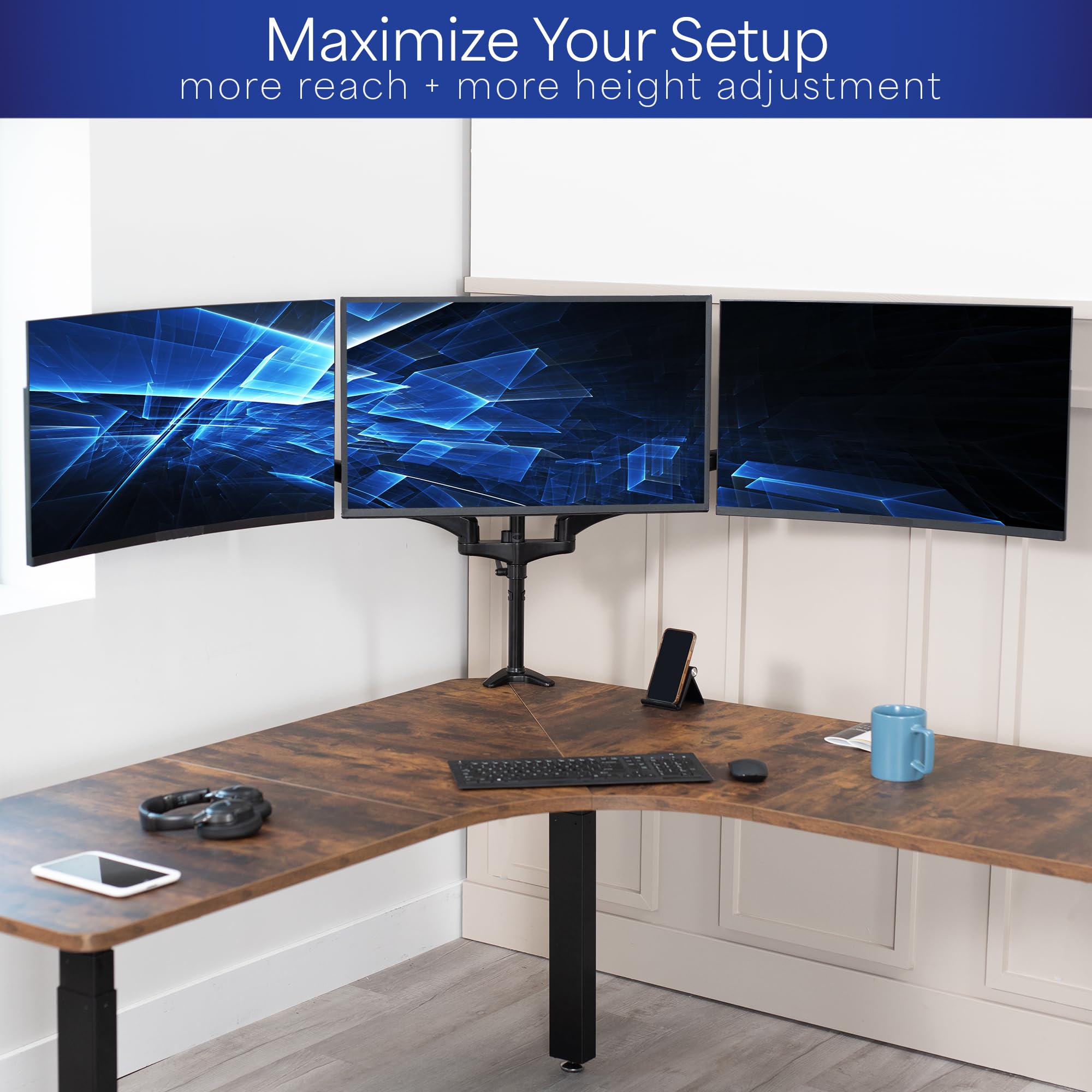 VIVO Triple Monitor Stand for 3 Screens up to 32 inches, Heavy Duty Fully Adjustable Desk Mount with C-Clamp and Grommet Base - Black (STAND-V300G) | Perfect for Home Office, Gaming Setup, and Multi-Screen Workstations