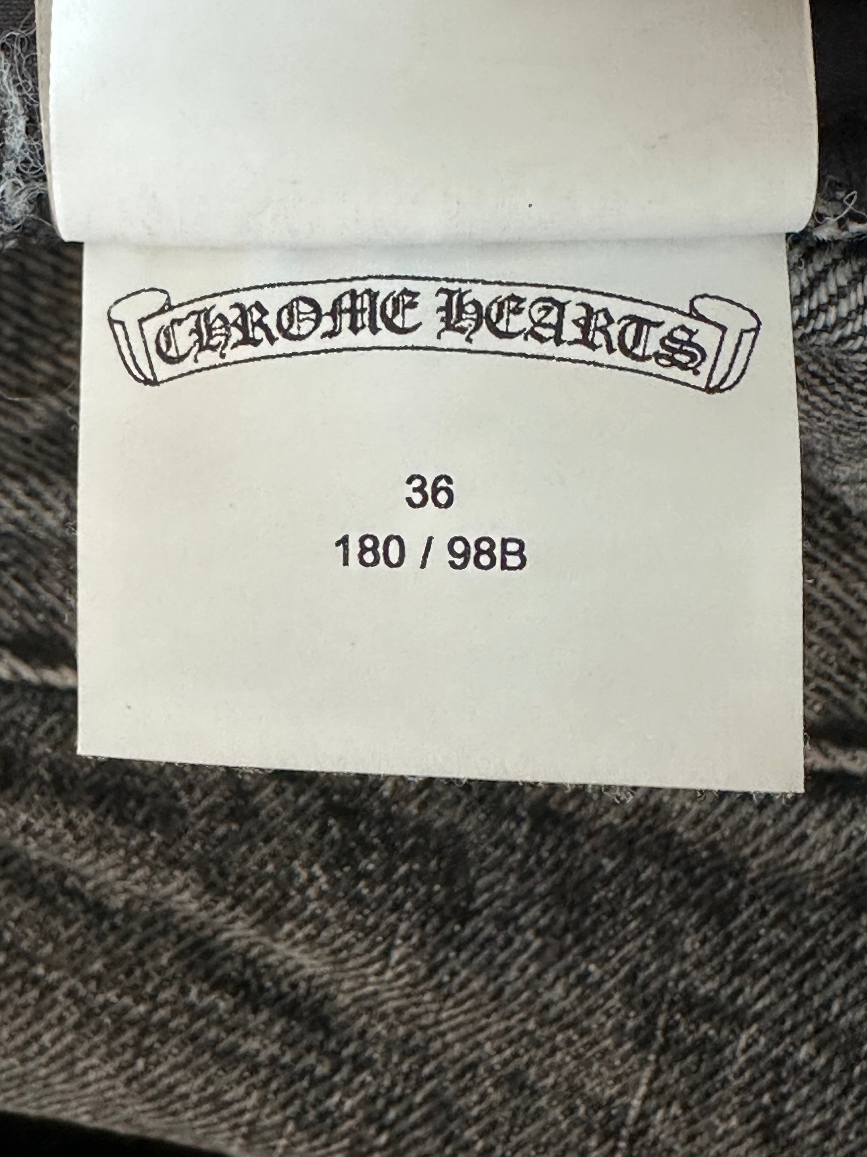 Chrome Hearts Grey Black & Red Cross Patch Jeans - Stylish Distressed Denim for Men & Women | Perfect for Casual Wear, Street Fashion & Rocker Style