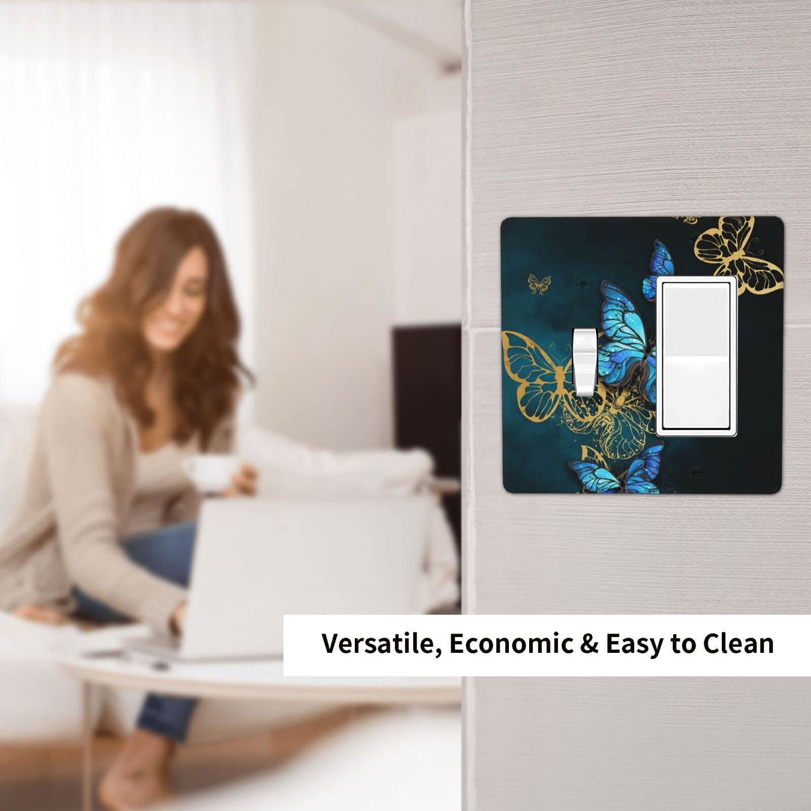 Blue Golden Butterfly 2-Gang Light Switch Cover - Decorative Combination Toggle Rocker Electrical Faceplate for Kitchen, Bathroom & Home Decor | Wall Plate for Bedroom, Living Room & Office