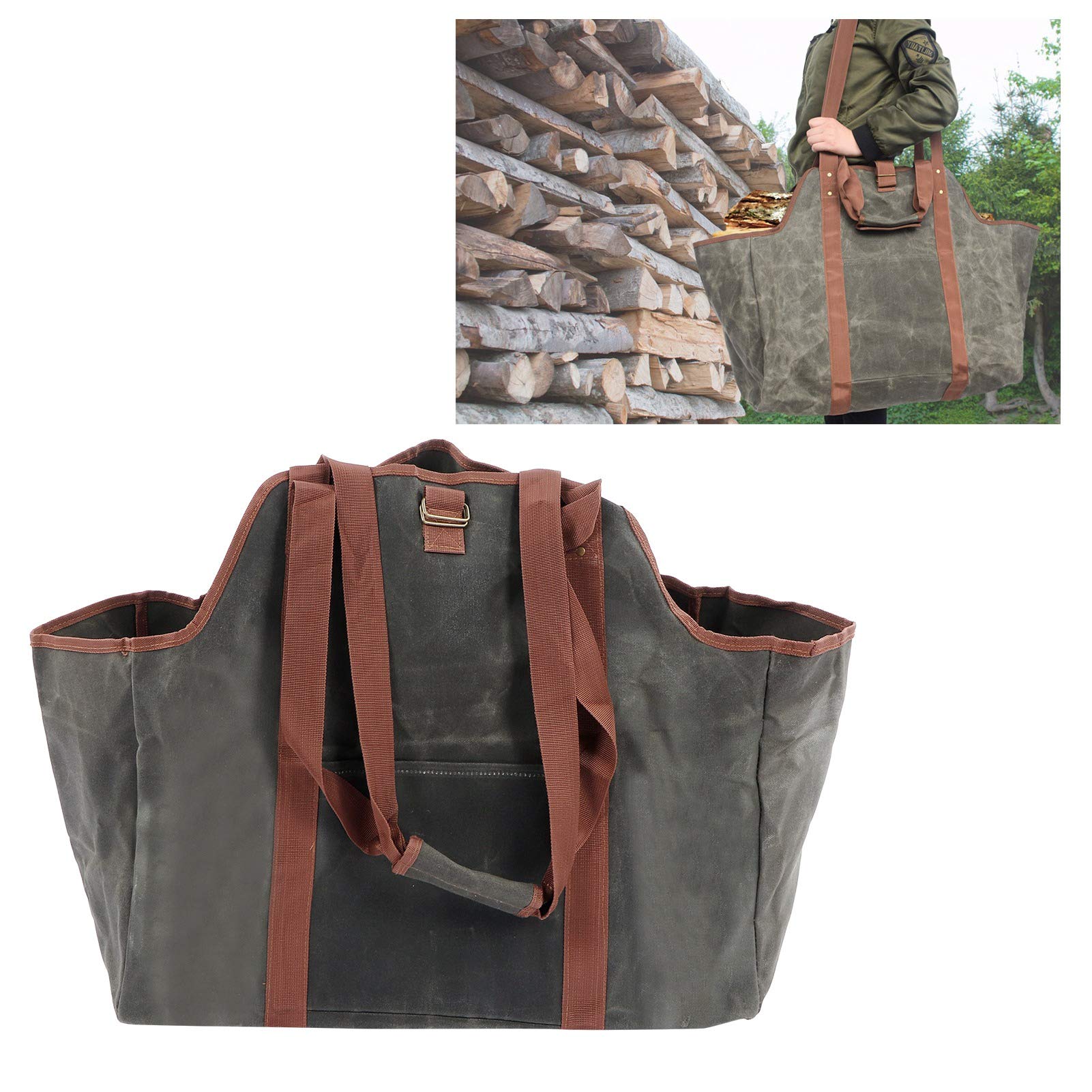 Waterproof Waxed Canvas Firewood Carrier Tote Bag - Heavy Duty Outdoor Log Holder for Camping, Fireplace & Backyard Use