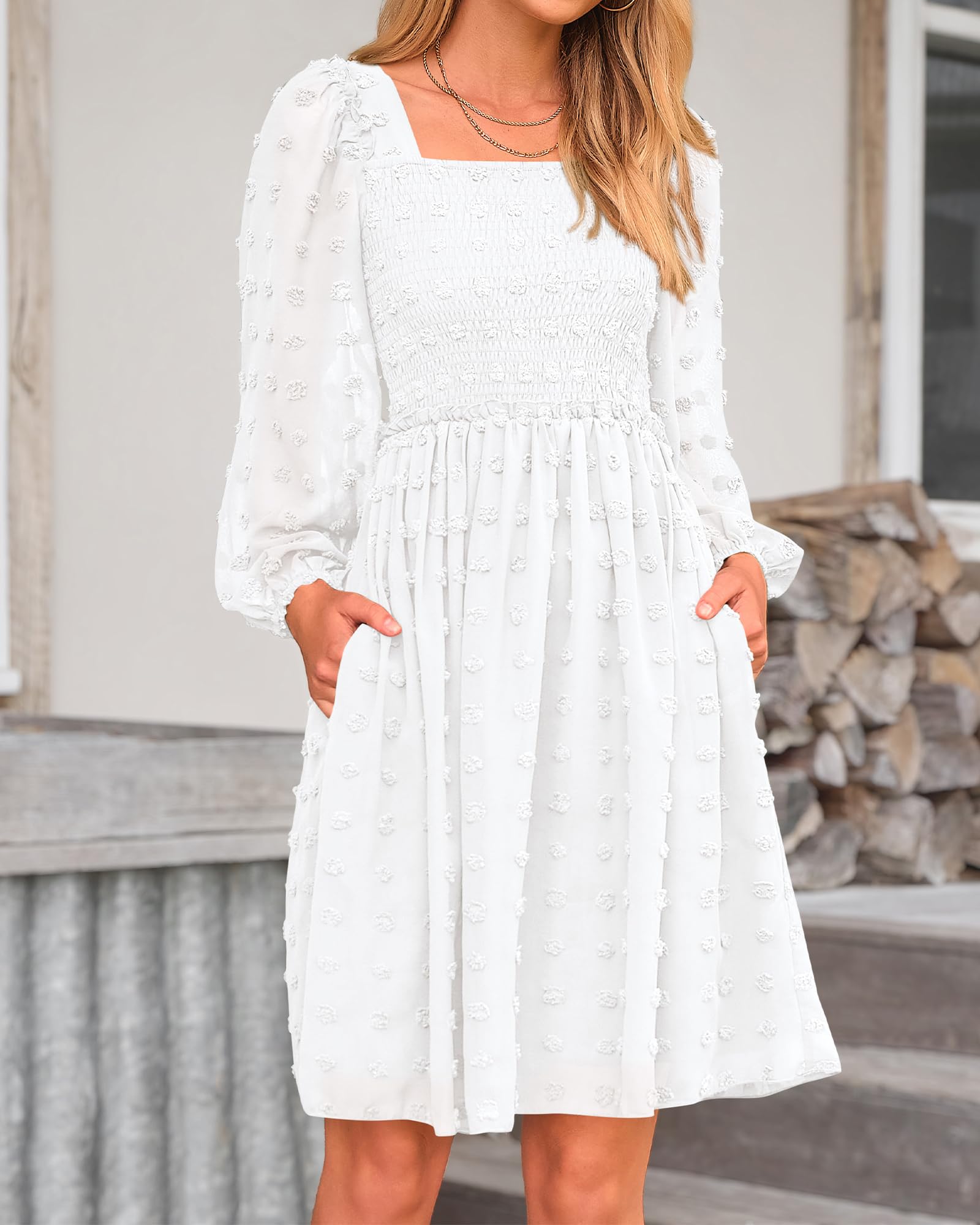 BTFBM Women's Floral Swiss Dot Boho Dress - Square Neck Smocked Long Sleeve Mini Dress for Spring & Summer 2025 | Perfect for Wedding Guest, Garden Party & Date Night Outfits