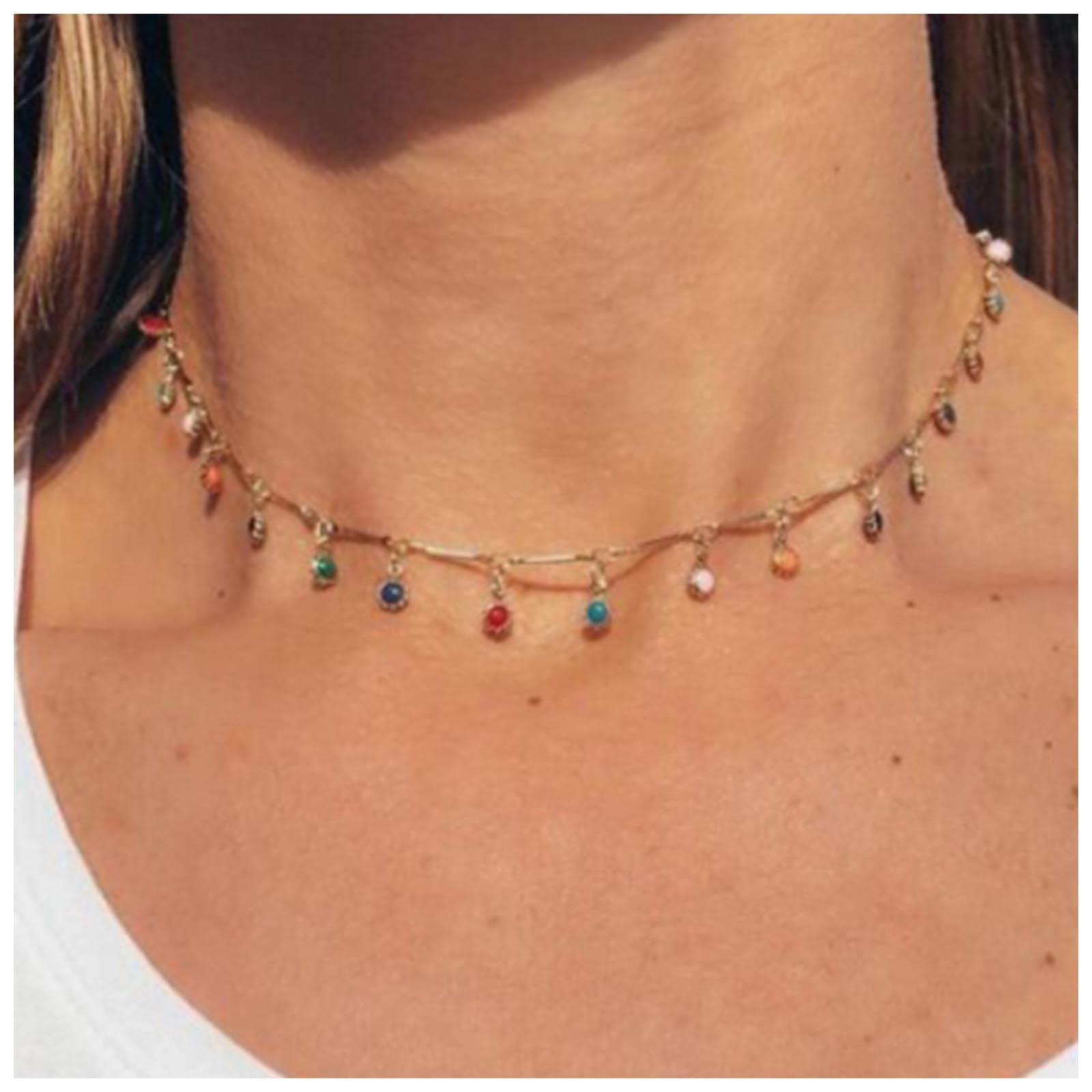 Boho Rainbow Crystal Choker Necklace for Women - Colorful CZ Gem Dangle Pendant with Beaded Chain - Perfect for Beach, Festival, and Boho Fashion Accessories