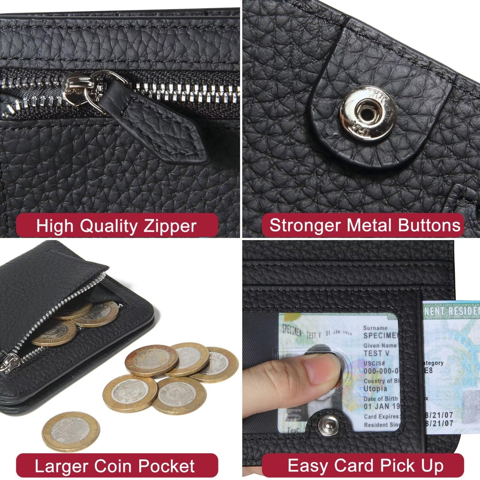 GADIEMKENSD Genuine Leather RFID Blocking Bifold Wallet - Ultra Slim Minimalist Credit Card Holder with Zipper & Coin Pocket - Perfect for Everyday Carry, Travel, and Business (Black)