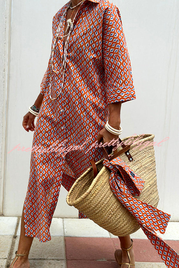 Summer Splendor Printed Button Half Sleeve Belt Loose Shirt Midi Dress - Flowy Boho Chic Outfit for Beach Vacation, Date Night & Casual Wear