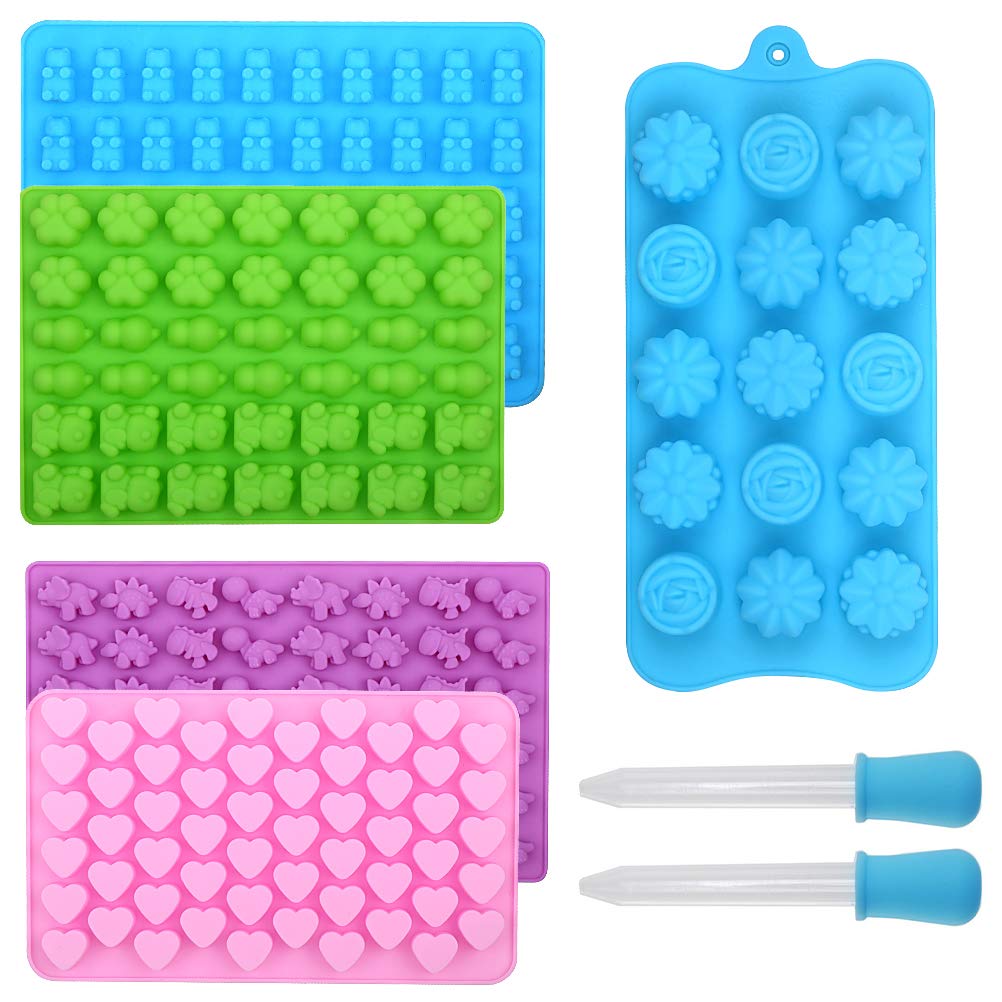 Premium Silicone Candy Molds Set - 5 Pack with 2 Droppers for 210 Gummies (Dinosaurs, Cat Paws, Hearts, Flowers, Bears) - Perfect for DIY Chocolate, Gummy Bears, Cake Decorations & Party Treats