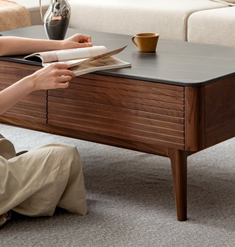 Solid Black Walnut Wood Coffee Table with Natural Slate Top - Perfect for Living Room, Lounge & Modern Home Decor