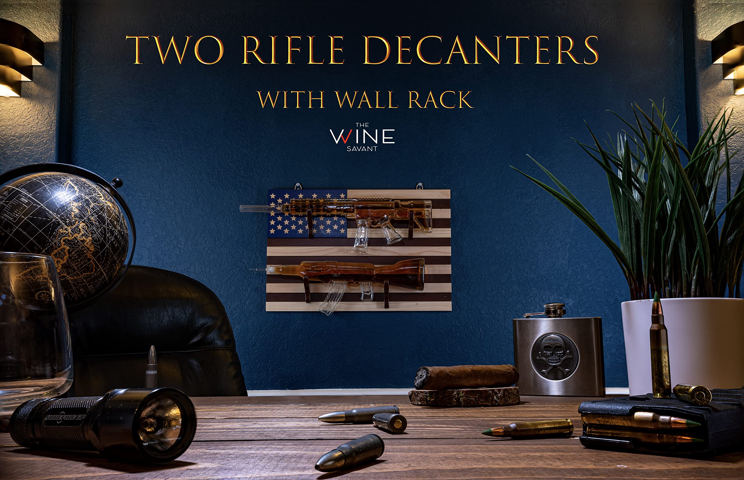 AR15 & AK47 Gun Whiskey Decanter Set - 1000ml Military-Themed Glass Decanters with American Flag Wall Rack - Unique Gifts for Men, Dad, Veterans & Gun Lovers - Perfect for Whiskey Tasting, Home Bar Decor & Military Appreciation Gifts