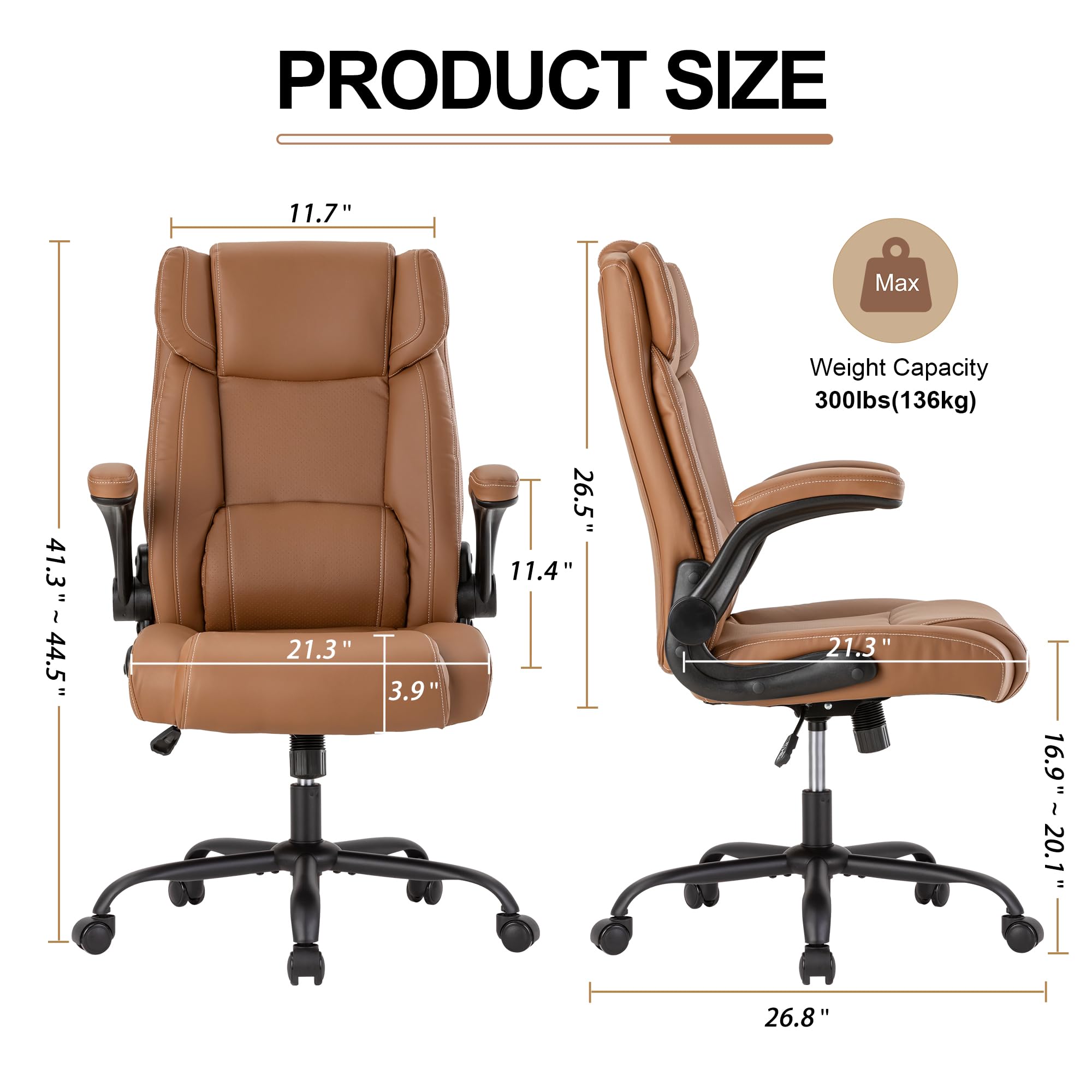 Premium Ergonomic Office Desk Chair - Mid Back Executive Leather Chair with Adjustable Flip-Up Arms & Rocking Function - Comfortable Computer Chair for Home Office, Gaming & Workspaces (Brown)
