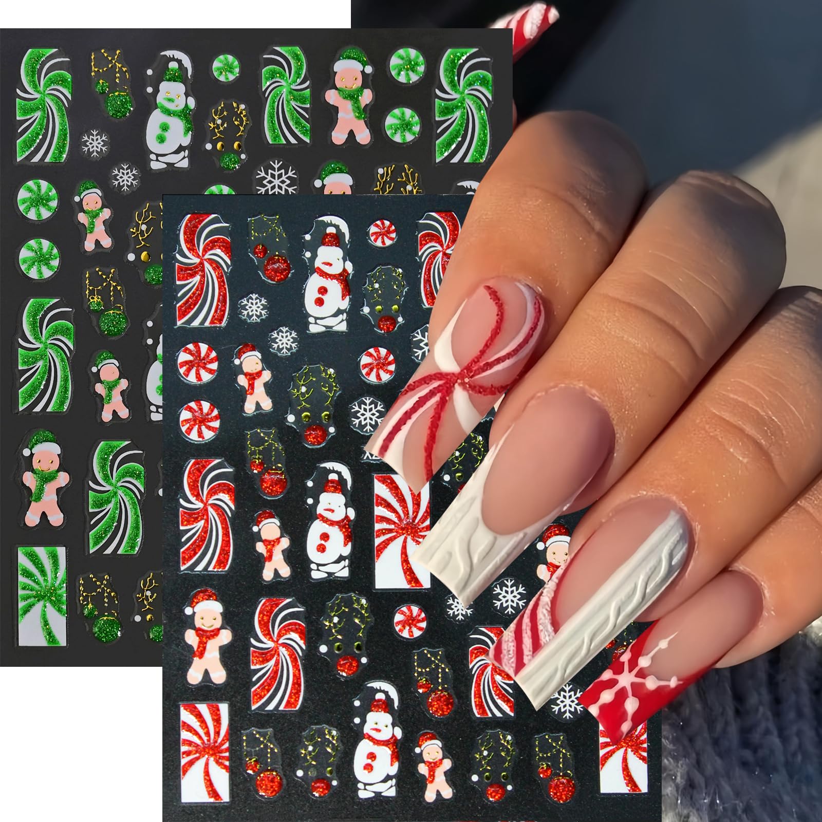 8 Sheets Christmas Nail Stickers - 3D Self-Adhesive Gingerbread Man, Snowmen, Elk & Santa Hat Nail Art Decals with Red Green Glitter for Holiday Manicure | Perfect for Xmas Parties, Gift Giving & Winter Nail Art Designs