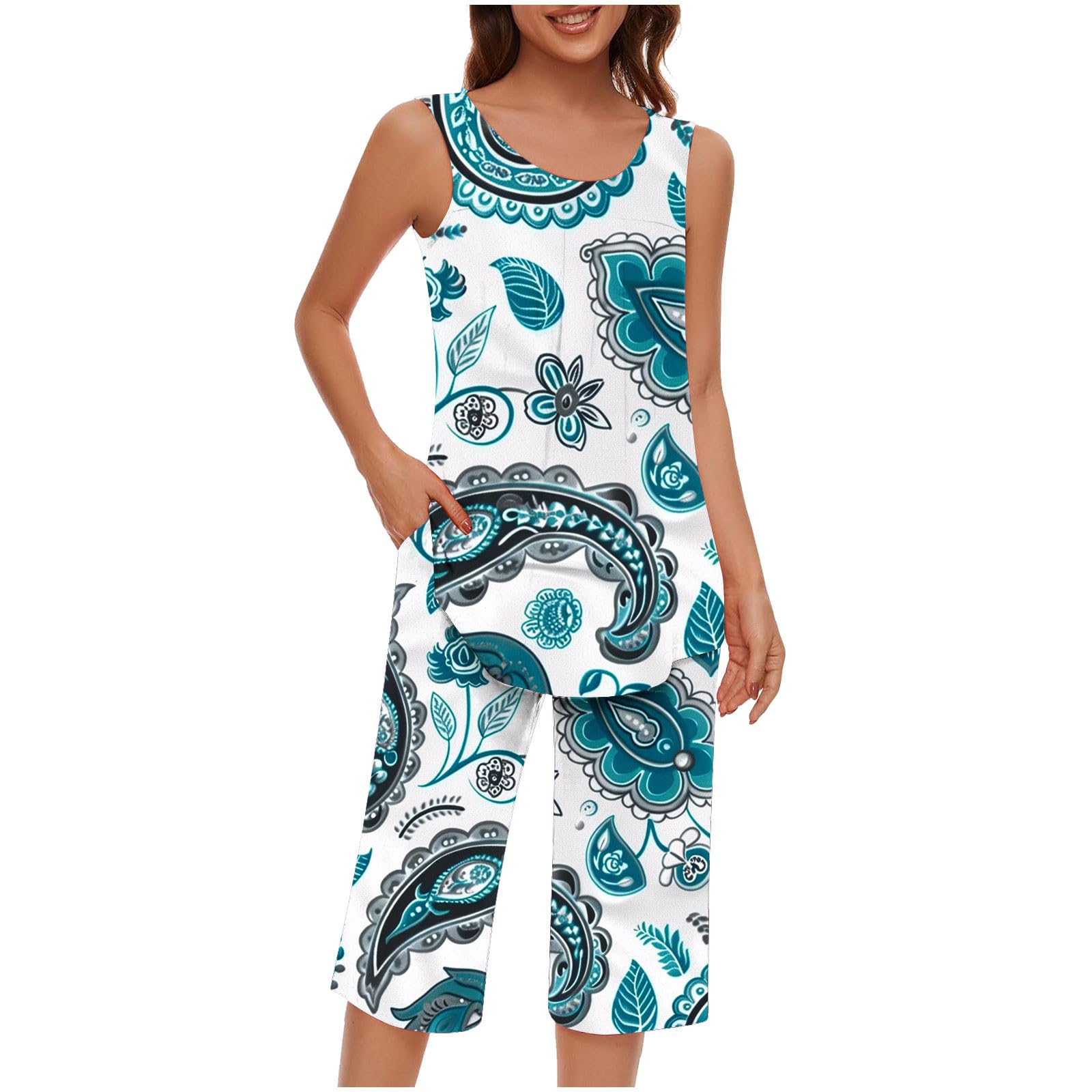 Women's 2-Piece Capri Pajama Set - Sleeveless Sleepwear Top & Capri Pants with Pockets - Soft Lounge Pajamas for Women - Perfect for Sleeping, Lounging & Travel