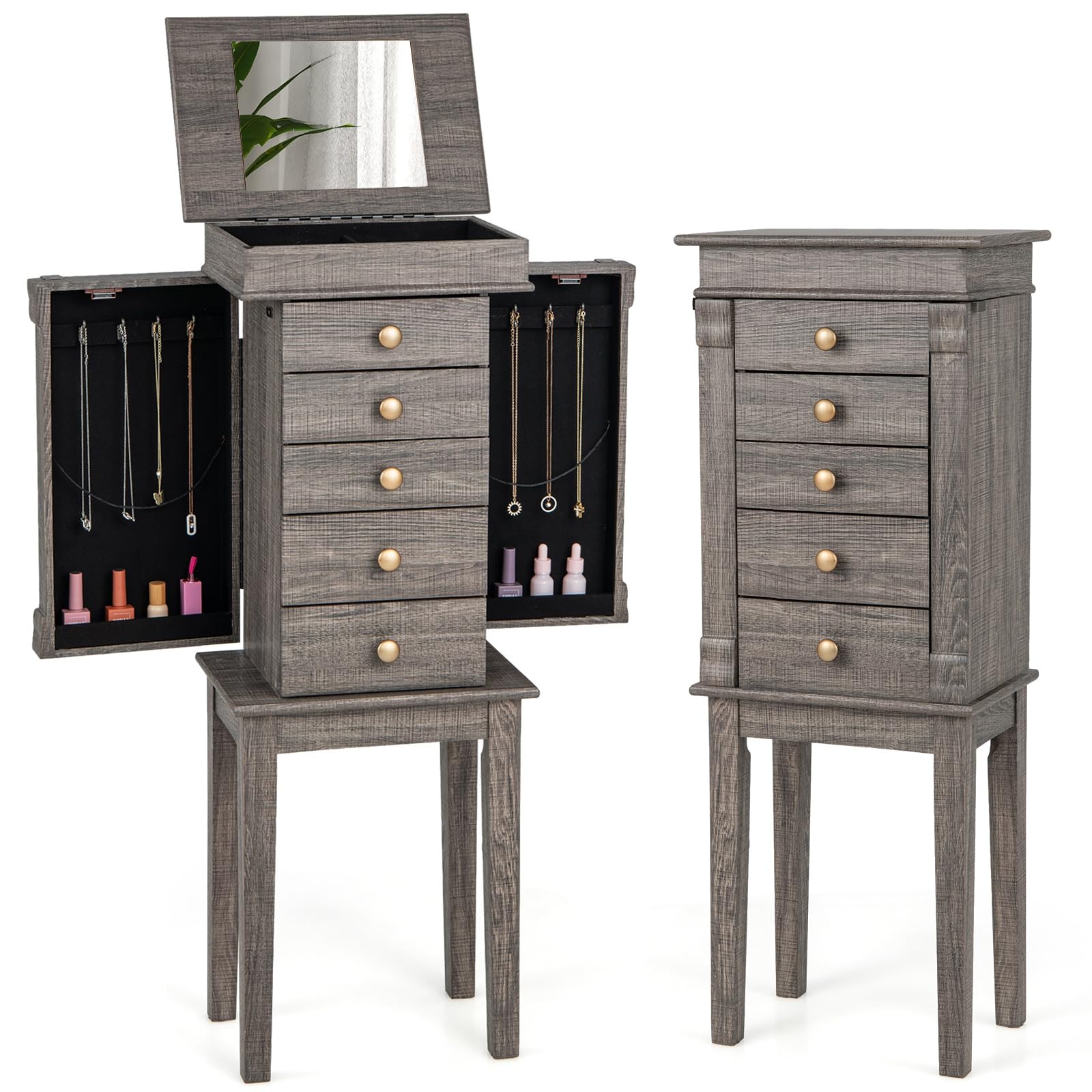 CHARMAID Gray 5-Drawer Jewelry Armoire with Full-Length Mirror, Swing Doors & Necklace Hooks - Large Standing Jewelry Organizer Cabinet for Bedroom, Closet & Dressing Room