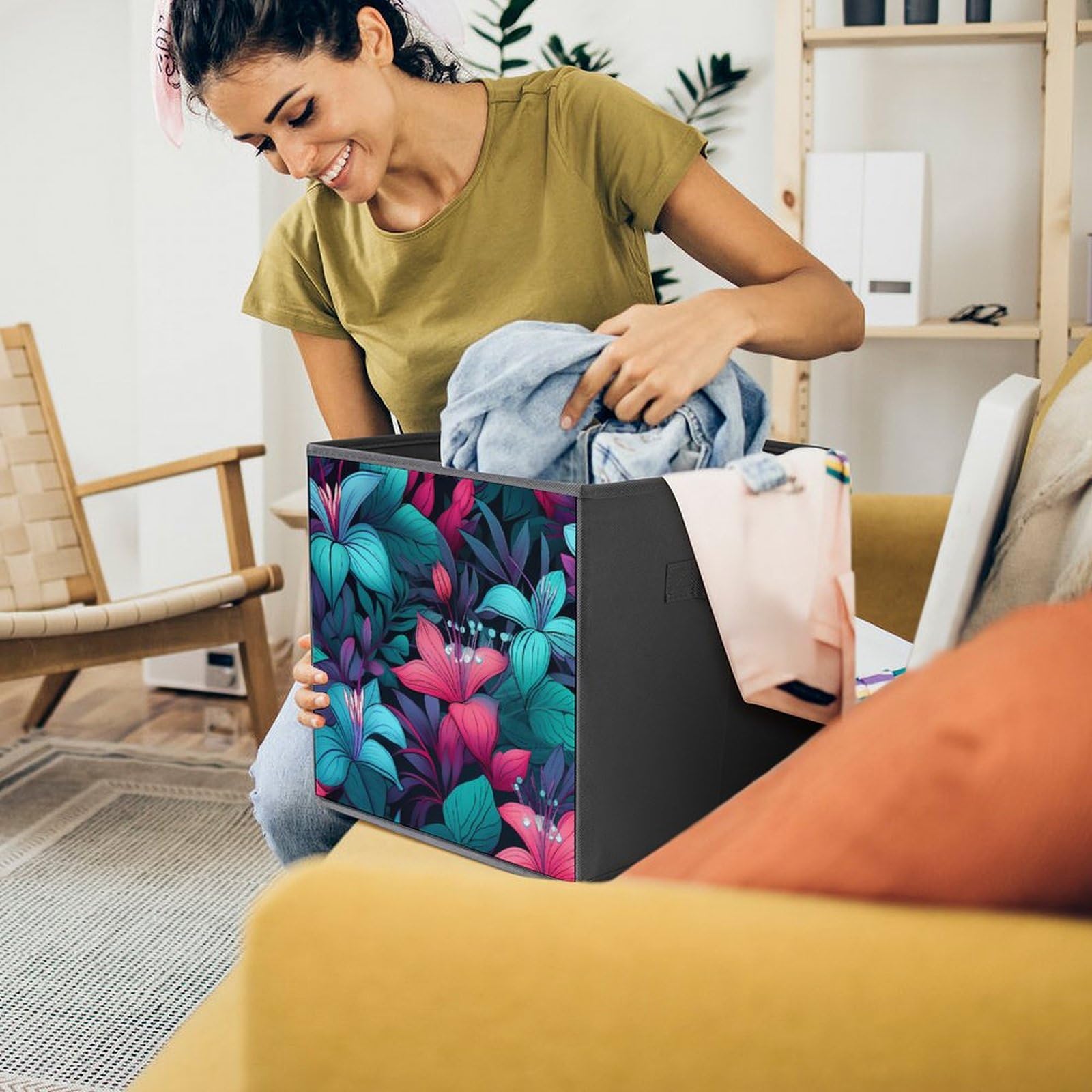 Foldable Storage Cubes with Handles - Tropical Flowers Organizer for Home & Office