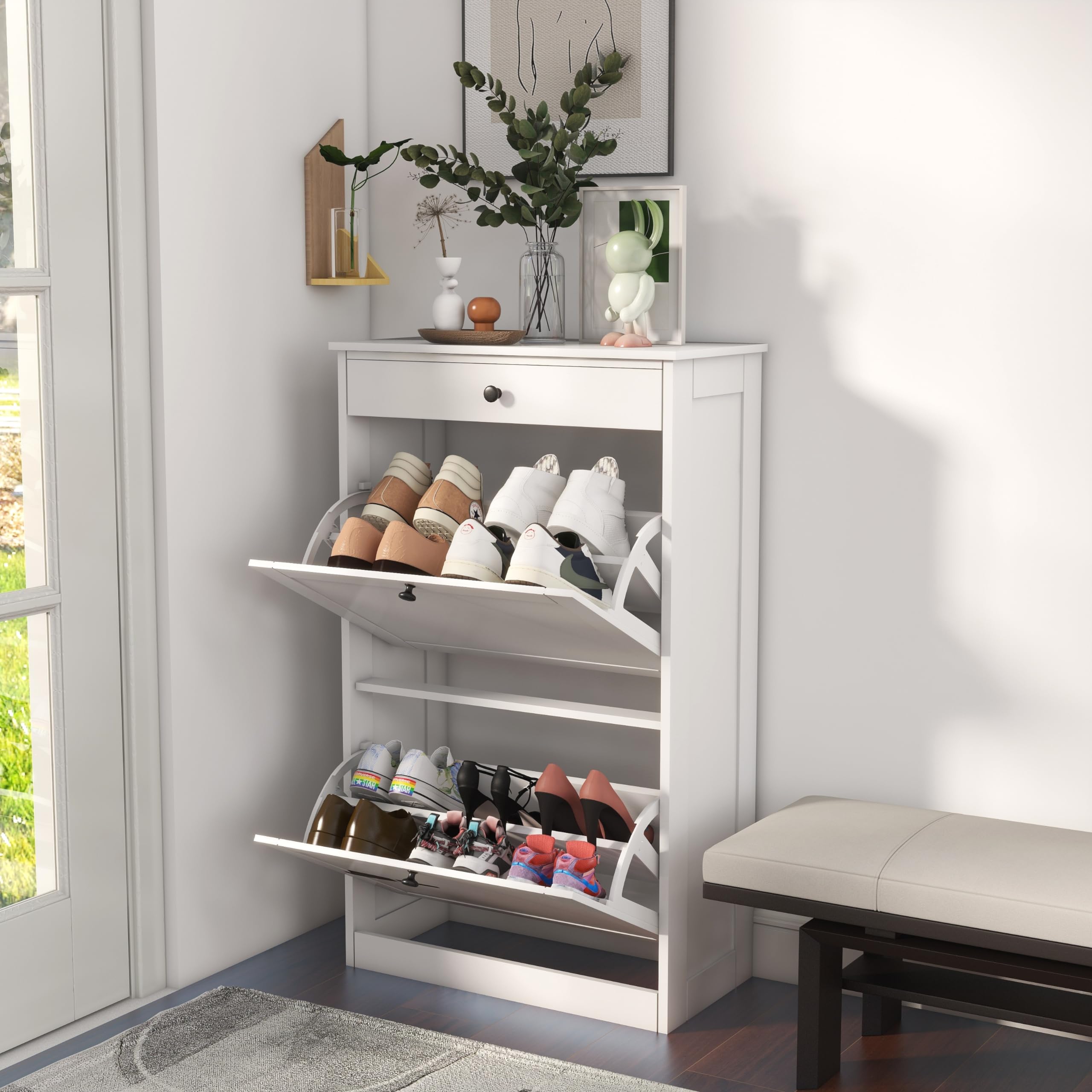 2-Tier Flip-Drawer Shoe Cabinet - Slim Freestanding Hidden Shoe Organizer with Storage Drawers - Pet-Proof Entryway Shoe Storage for Living Room, Hallway & Behind Door - White - Perfect for Small Spaces & Apartment Organization