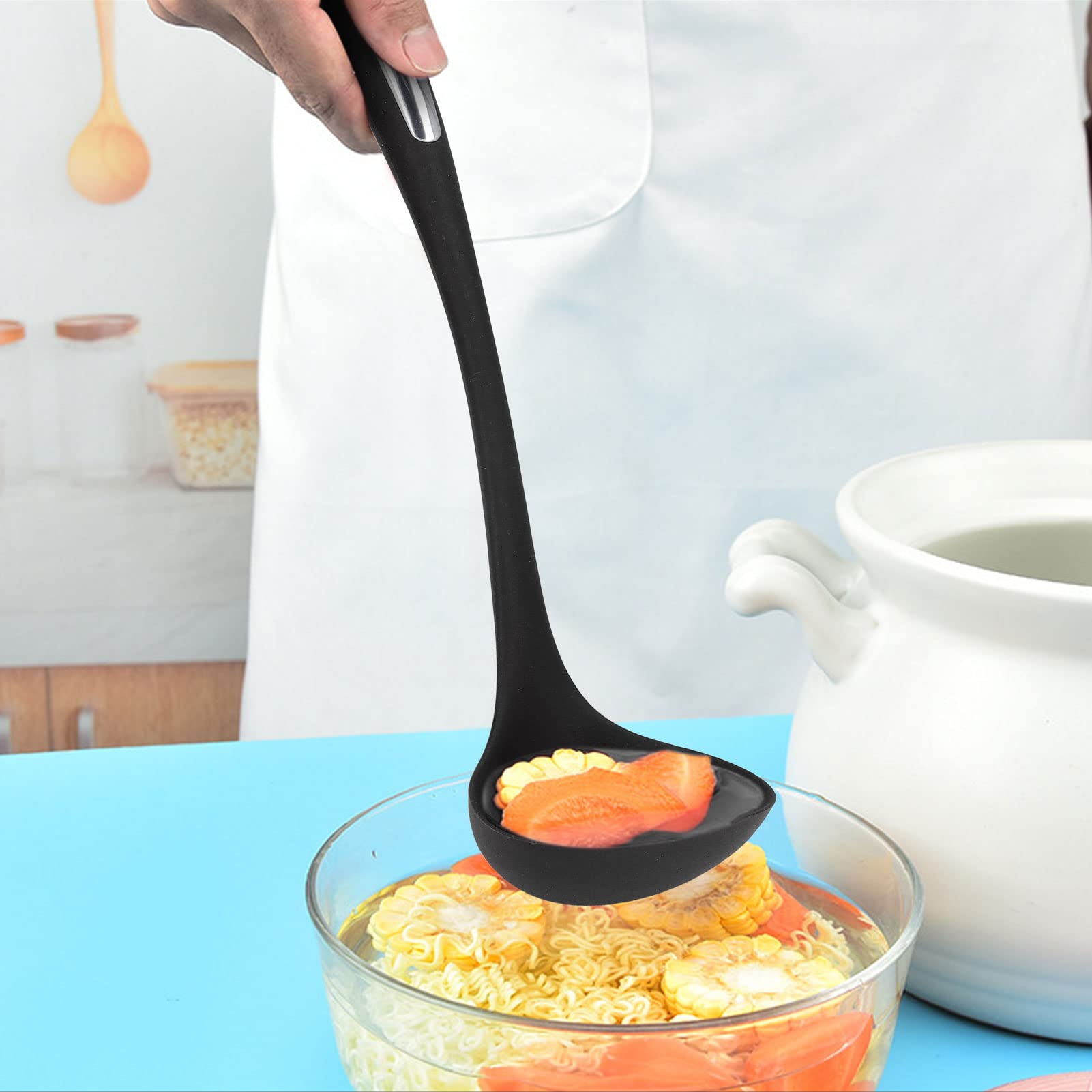 Silicone Kitchen Spoon - Soft, Non-Slip & Space-Saving Cooking Utensil for Family Dining | Ideal for Cooking, Serving & Everyday Kitchen Use (Black)
