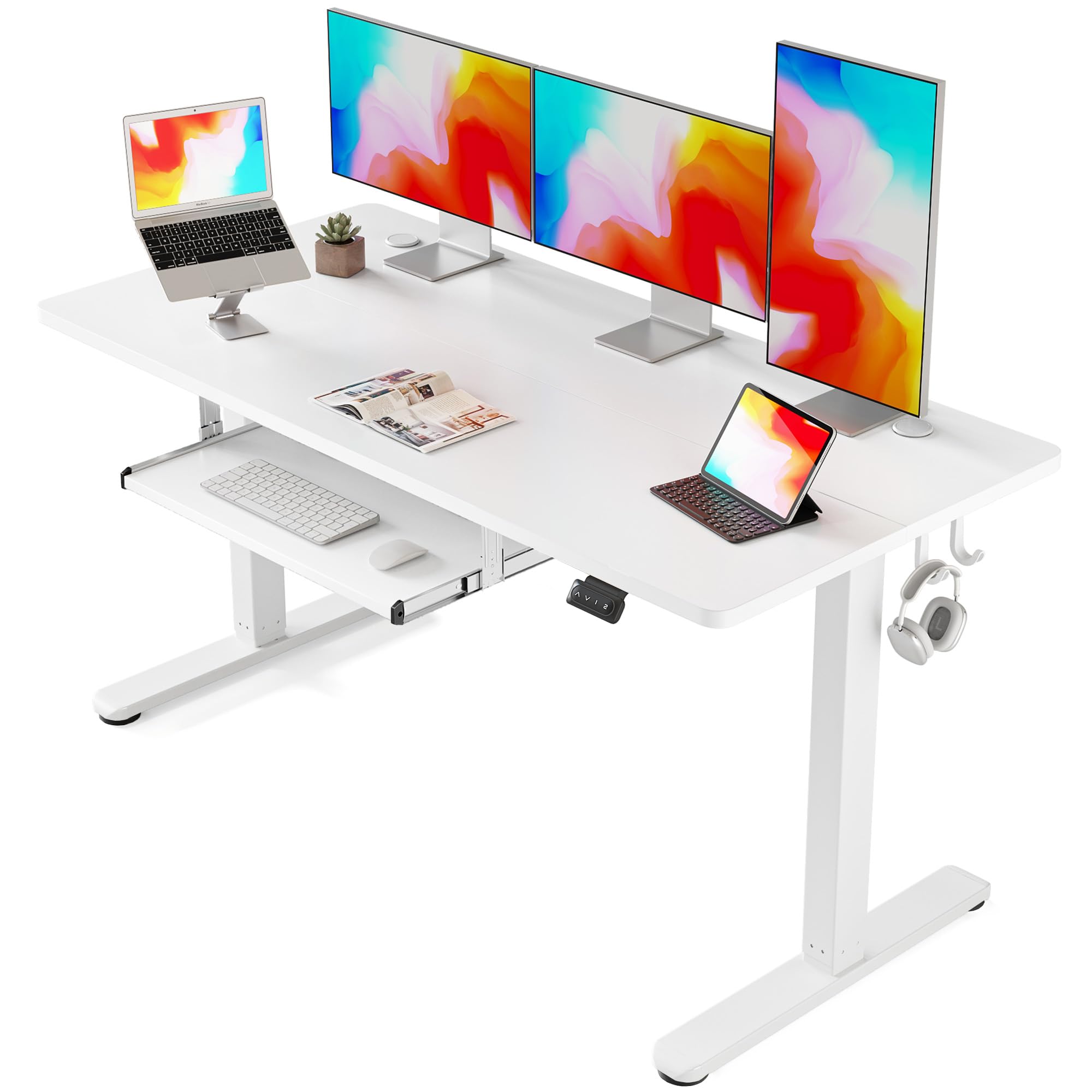 FEZIBO Electric Standing Desk 63 x 24 Inches - Height Adjustable Sit Stand Desk with Keyboard Tray & Splice Board, White Frame & White Top - Perfect for Home Office, Gaming & Workspace Ergonomics