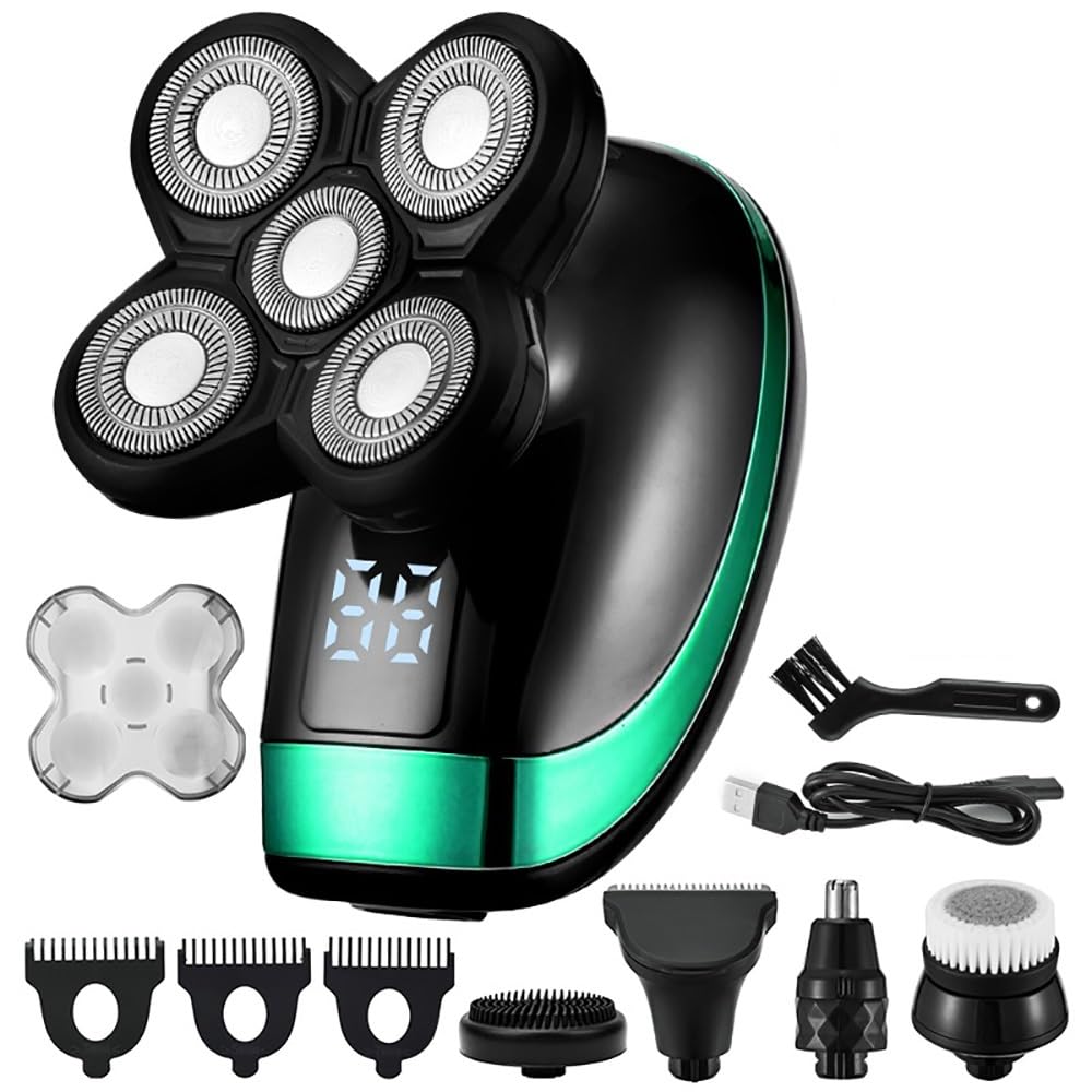 5-in-1 Rechargeable Electric Head Shaver for Men - Waterproof Bald Head Shaver with Floating Heads, Nose & Ear Hair Trimmer & Facial Cleaning Brush - Perfect for Travel, Gym & Daily Grooming Routine