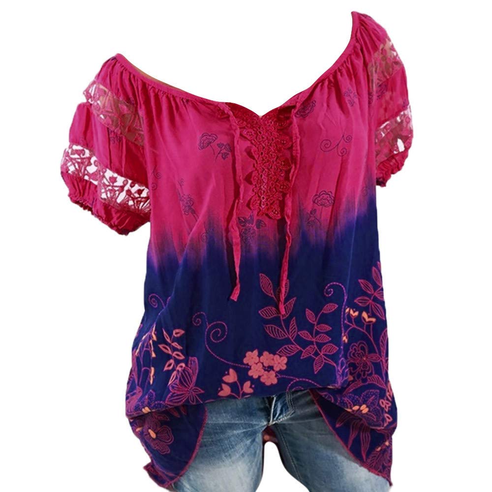 Women's Short Sleeve V-Neck Lace Printed Blouse - Loose Fit Cotton T-Shirt & Long Sleeve Top for Casual Wear, Office, Dating & Summer Outfits