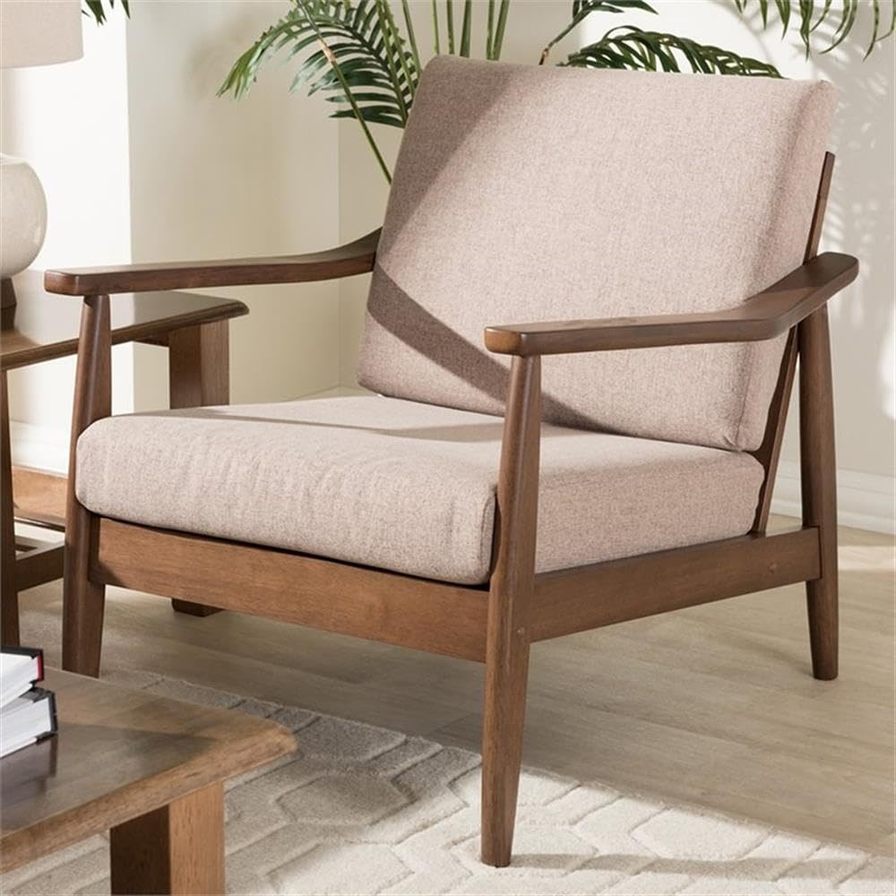 BOWERY HILL Modern Accent Arm Chair - Light Brown Upholstery with Walnut Brown Wooden Legs - Perfect for Living Room, Bedroom or Office Decor