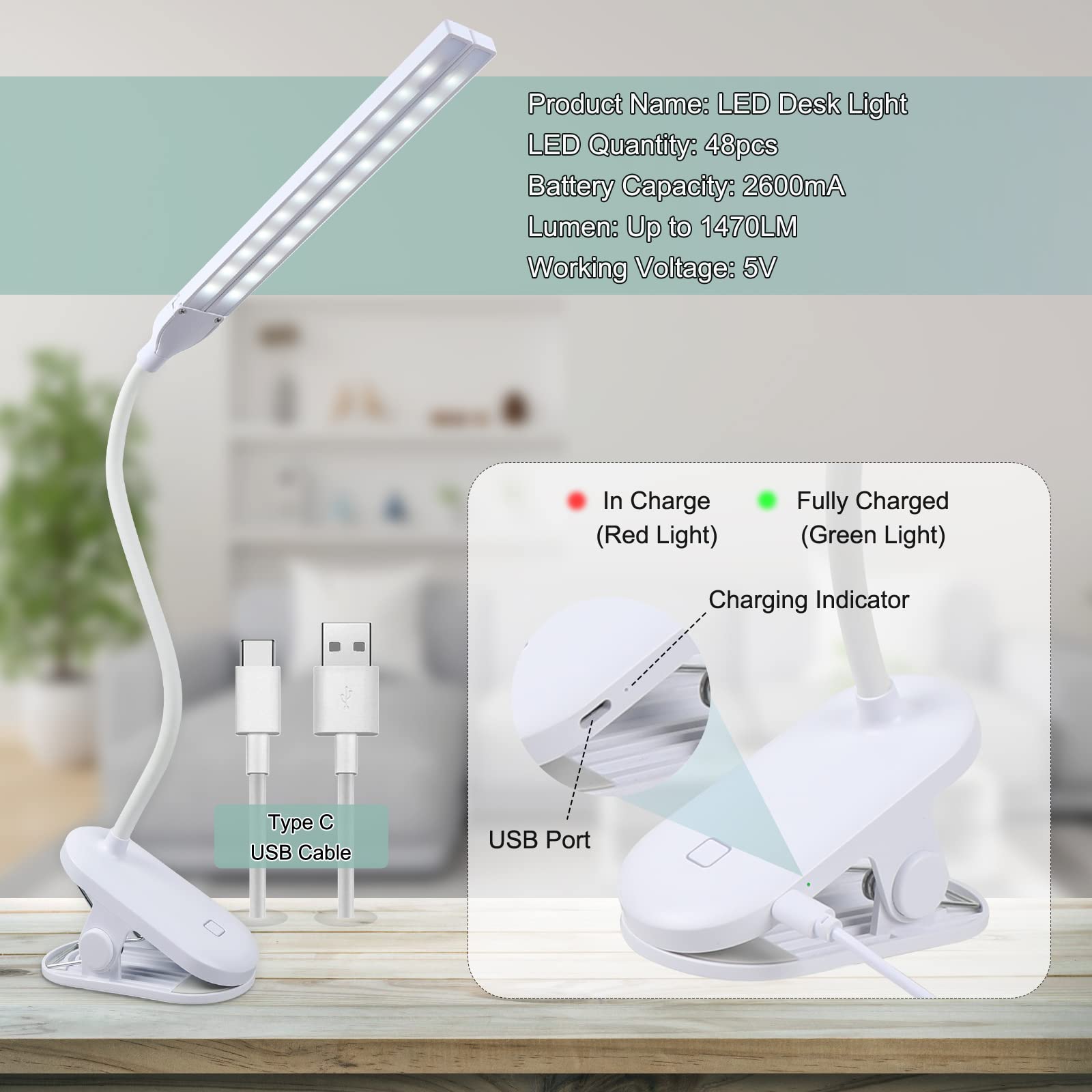 Deaunbr LED Reading Light with Clip - 48 LED USB Rechargeable Desk Lamp, 2600mAh Battery, Stepless Brightness Adjustment & Eye Protection - Flexible Book Light for Bed Headboard, Home Office, Study & Night Reading