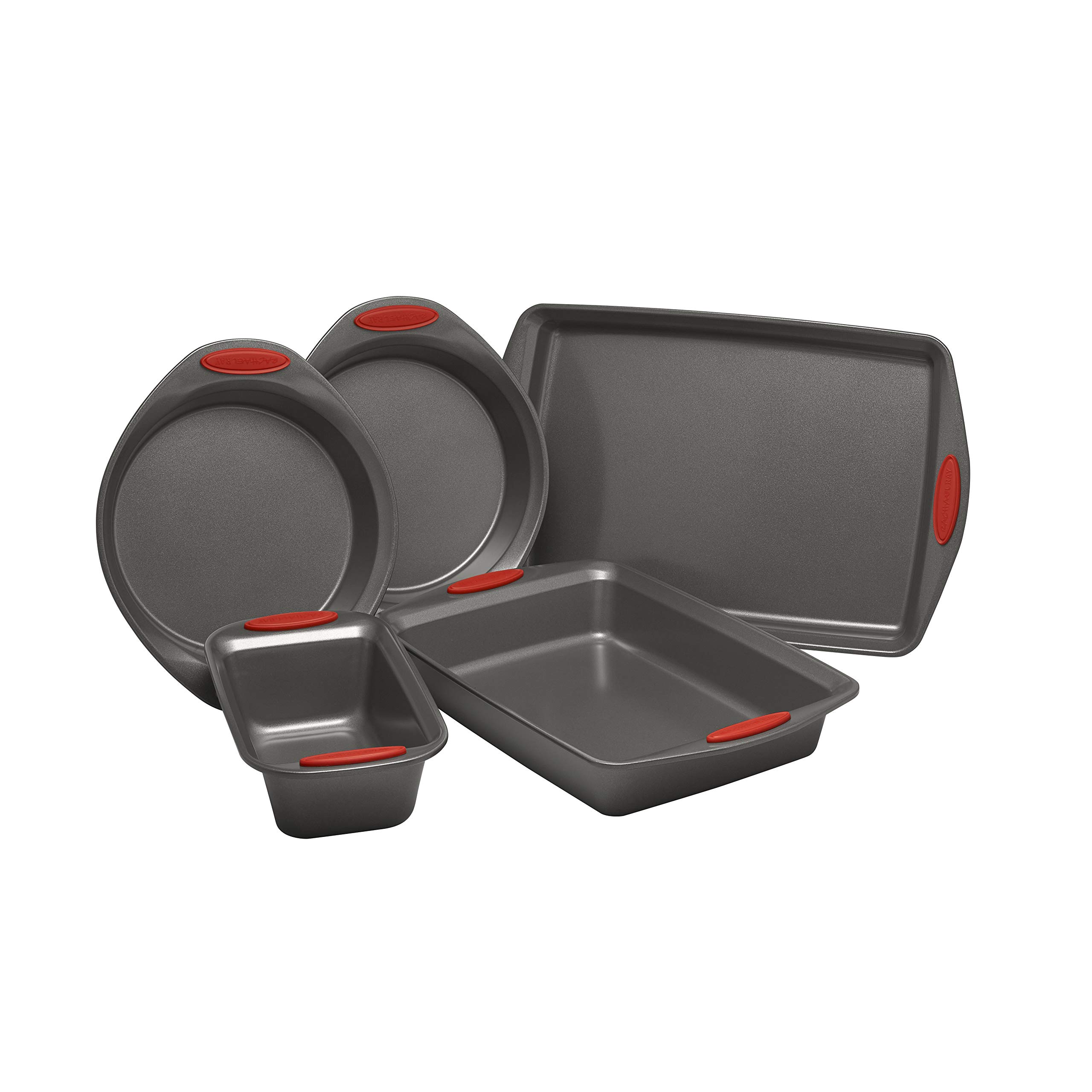 Rachael Ray 12-Piece Nonstick Cookware & Bakeware Set - Gray & Red Grips, Includes Bread Pan, Baking Pan, Cake Pans & Cookie Sheet - Perfect for Baking, Cooking & Entertaining at Home