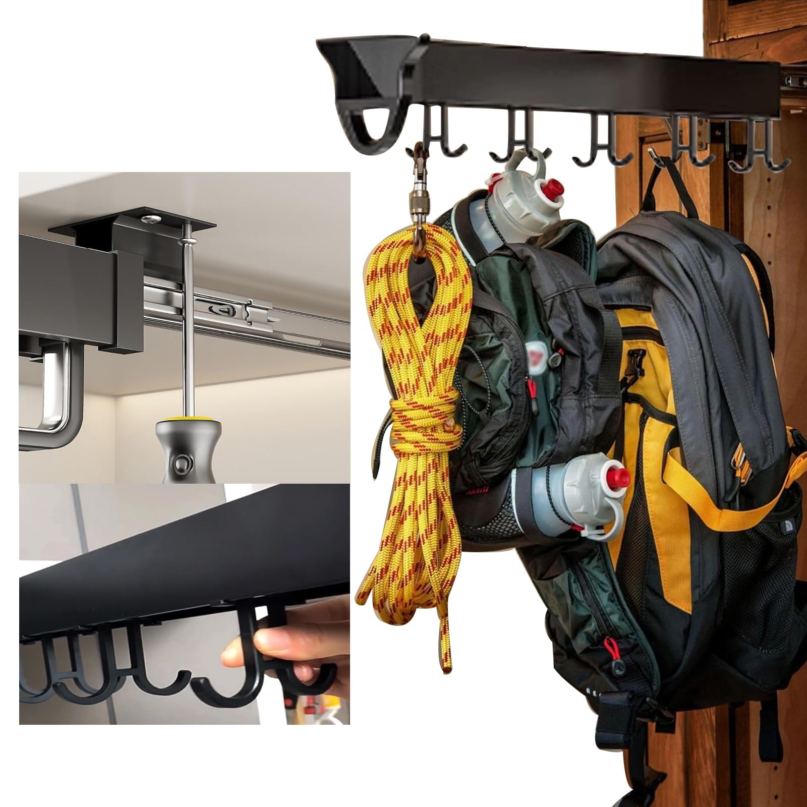 Heavy Duty Pull Out Mop Broom Holder & Organizer with 12-20 Hooks - Under Cabinet Sliding Pot Pan Organizer for Kitchen, Closet, Garage Storage - Perfect for Small Space Organization & Home Decluttering