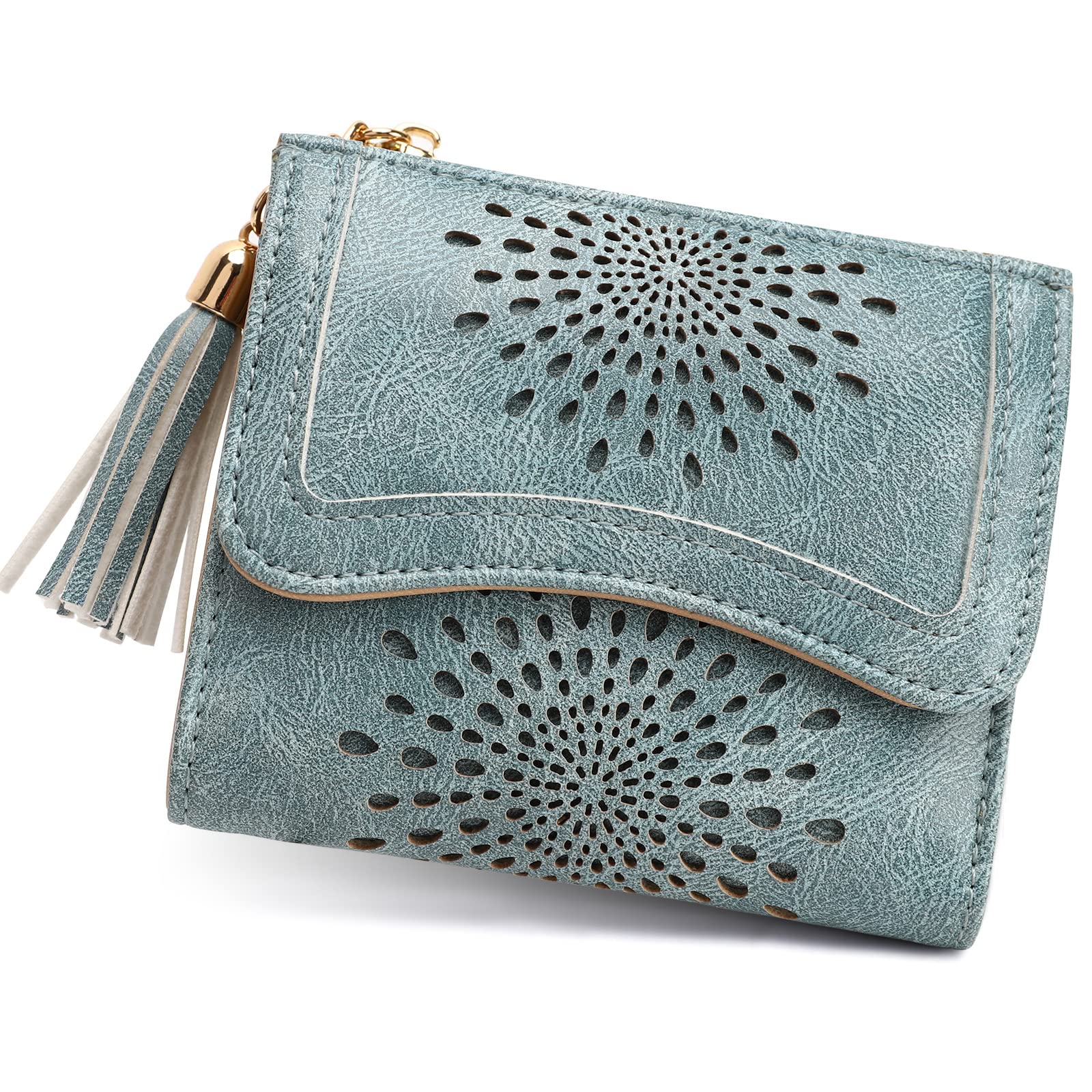 APHISON Small RFID Blocking Leather Wallet for Women - Cute Sunflower Bifold Wallet with Zipper, Tassel & ID Card Holder - Compact Womens Wallet for Everyday Use, Travel & Shopping (Blue)