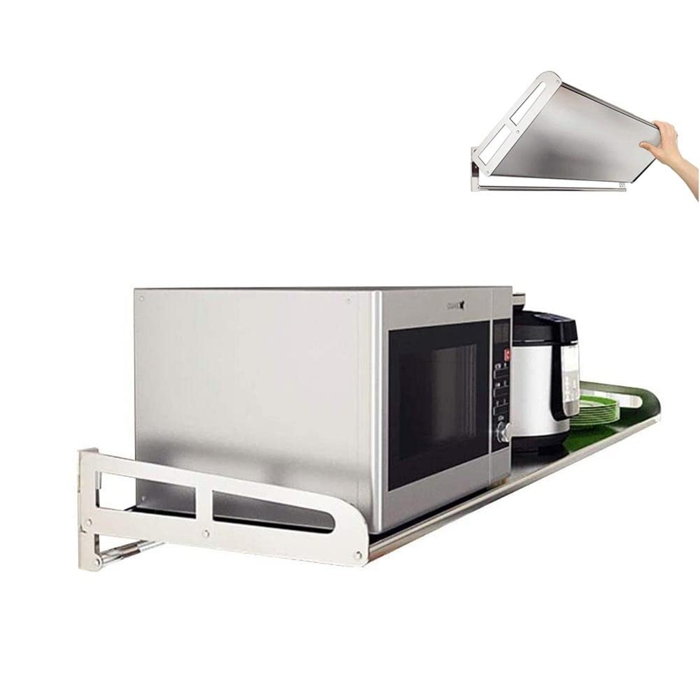Foldable Stainless Steel Microwave Oven Rack Shelf - Wall Mount Kitchen Storage Organizer with 5 Hooks for Spices, Toaster & Utensils - Perfect for Home, Restaurant & Commercial Use