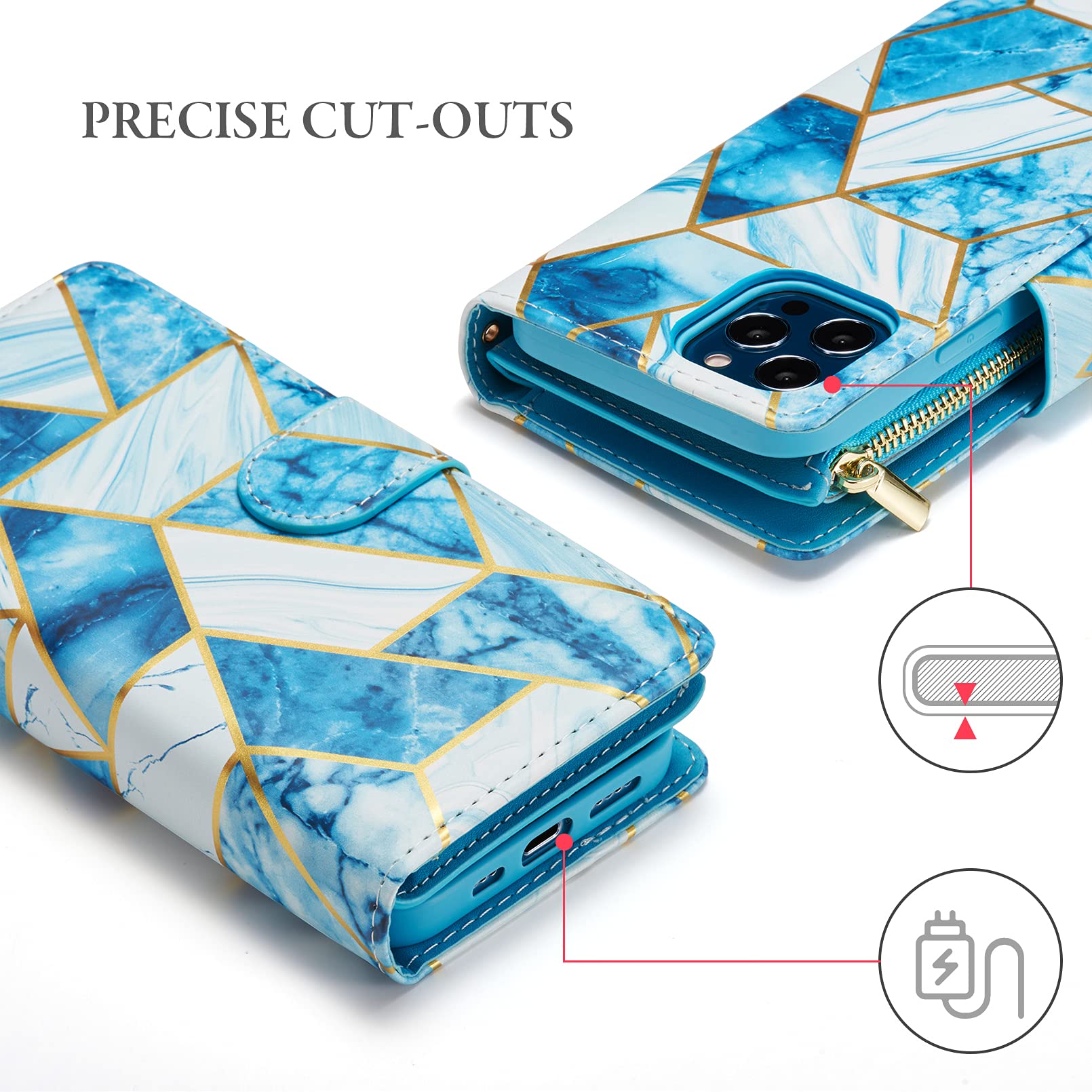 Premium PU Leather Wallet Case for iPhone 12 Pro Max - Magnetic Closure, Zipper Pocket, Kickstand & Card Slots with Hand Strap | Stylish Marble Blue Flip Phone Case for Women | Perfect for Work, Travel & Everyday Use
