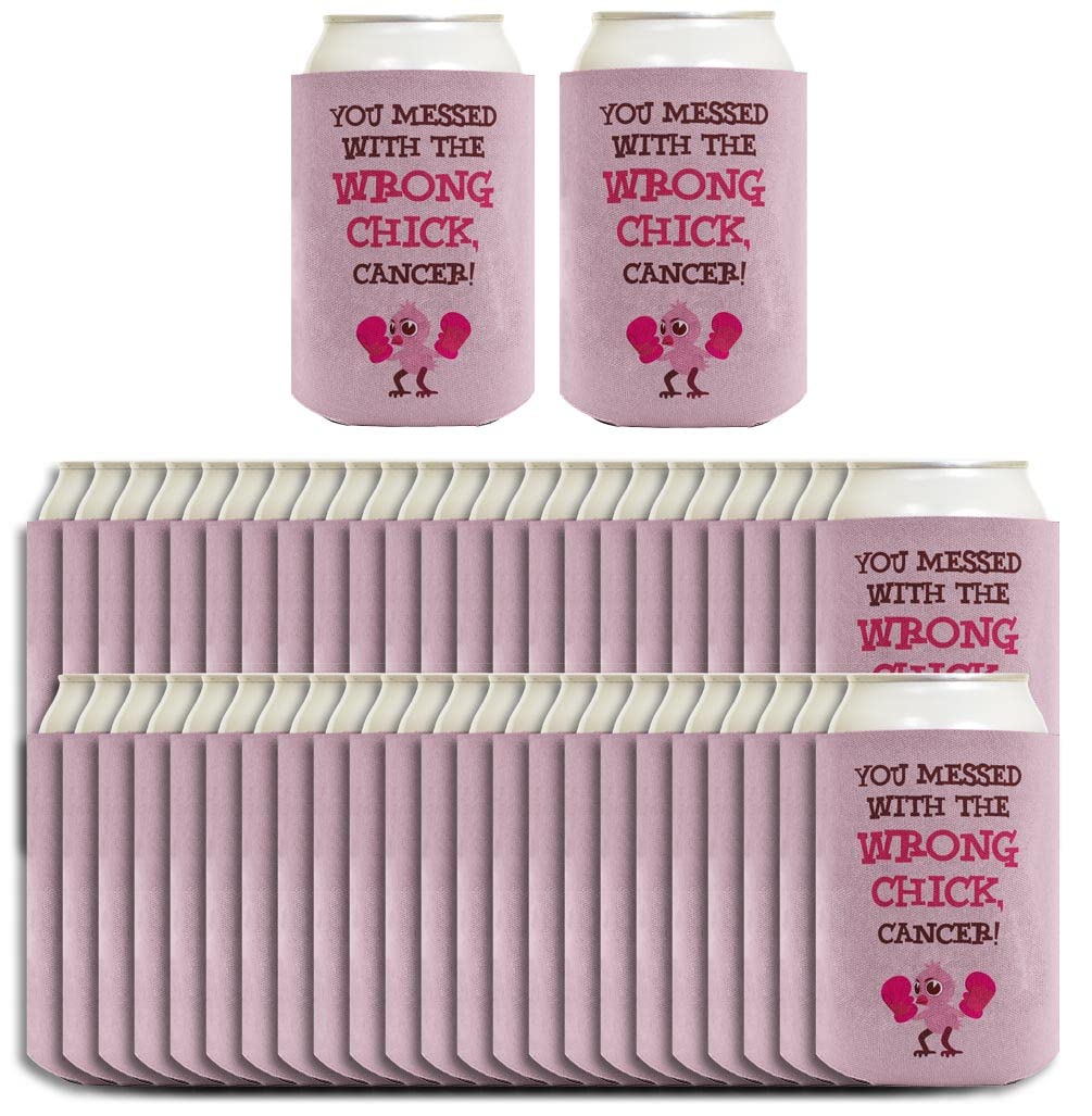 96-Pack Pink Ribbon Can Coolers - Inspirational Breast Cancer Survivor Gifts for Women | 'You Messed With The Wrong Chick' Design | Perfect for Fundraisers, Awareness Events & Support Groups