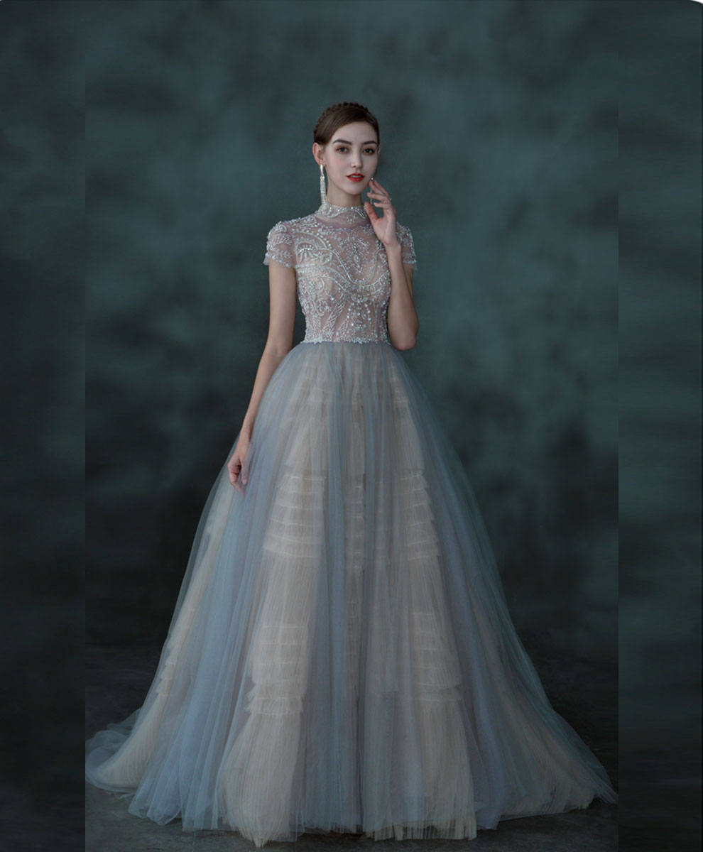 Elegant Blue Tulle Sequin Beaded Long Prom Dress - A-Line Evening Gown for Formal Events, Dances & Special Occasions