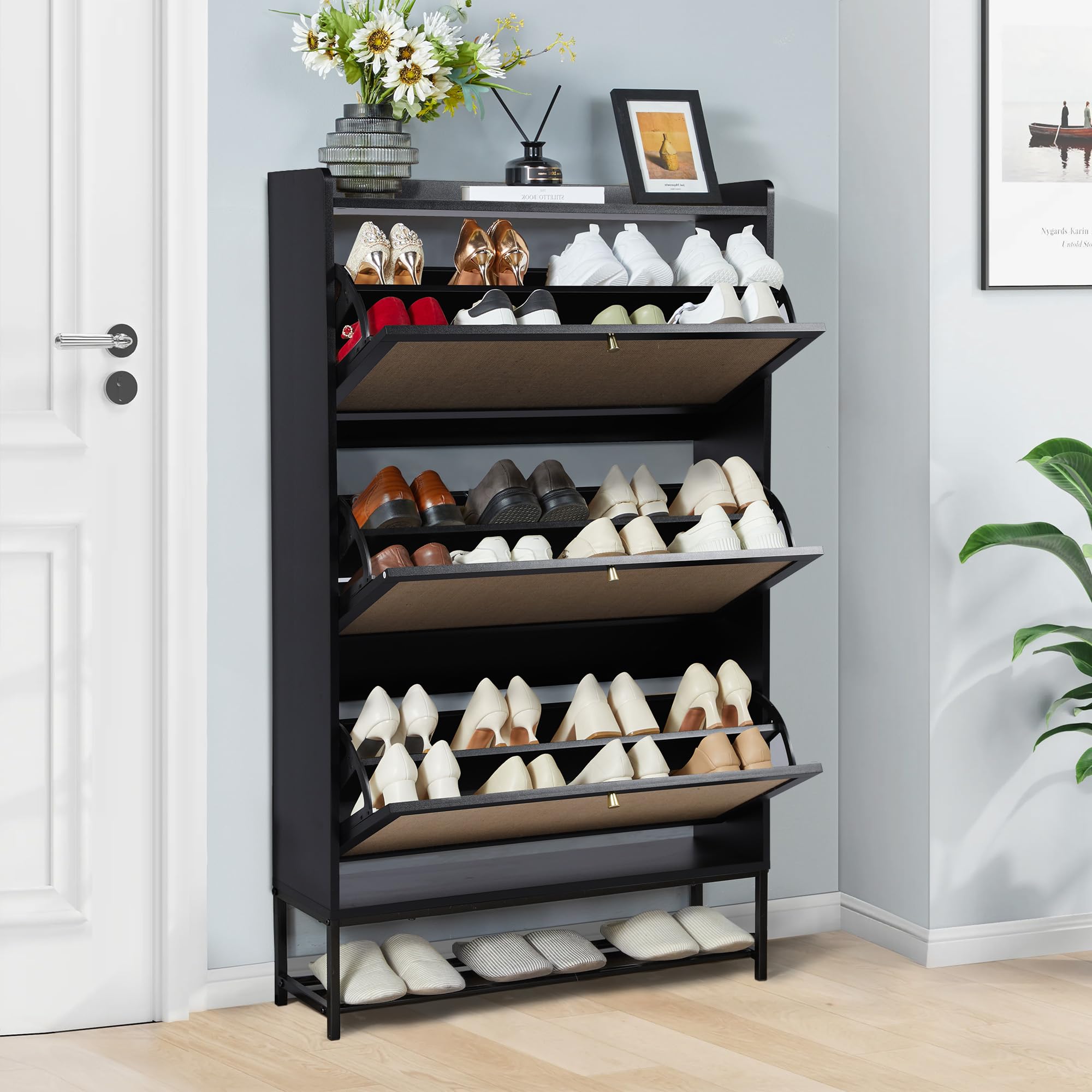 LEVNARY 3-Tier Flip Drawer Shoe Storage Cabinet - Freestanding Wooden Shoe Organizer with Metal Legs for Entryway, Hallway & Closet - Space Saving Narrow Shoe Rack for Sneakers, Boots & Heels (Black)
