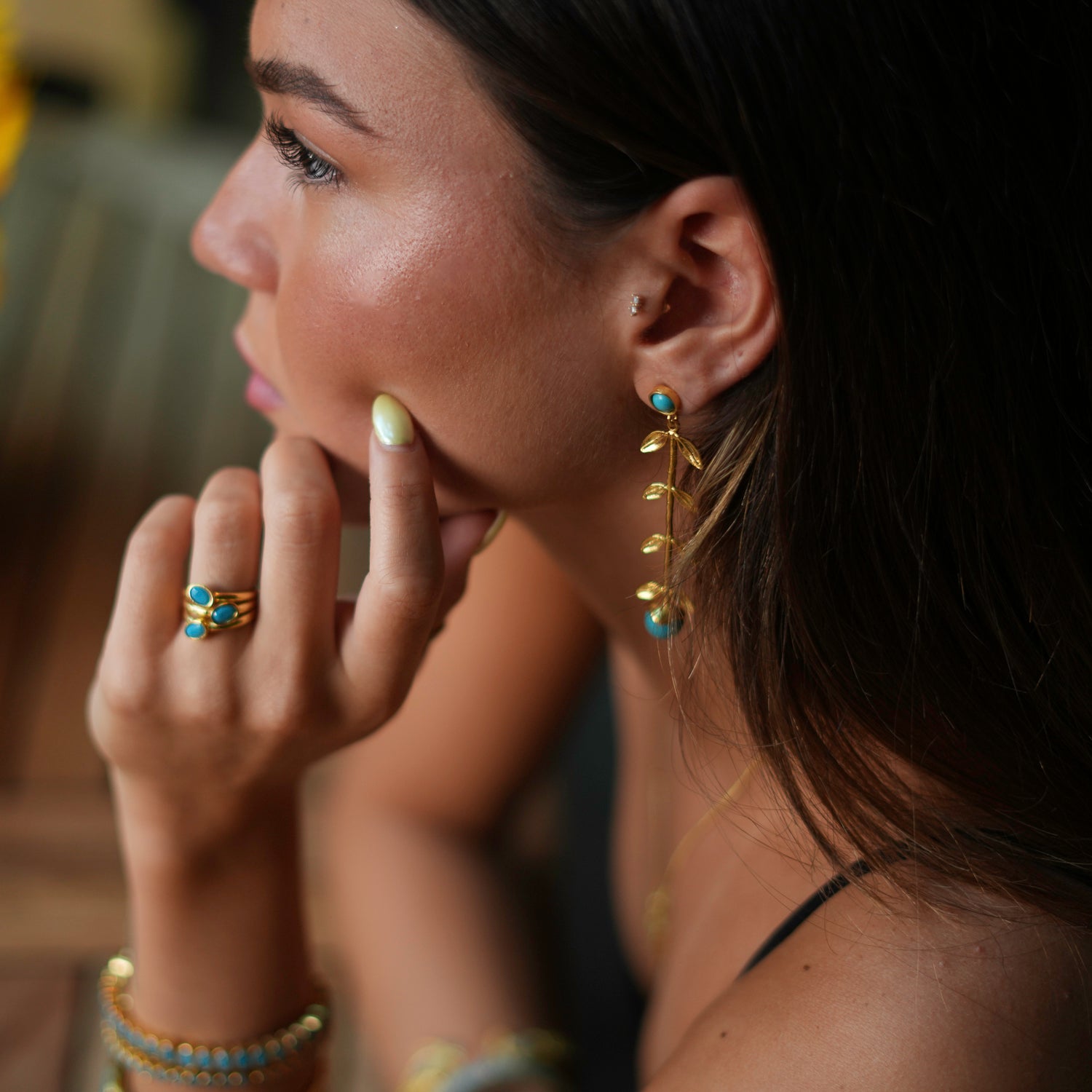 Elegant Trio Turquoise Gemstone & Gold Adjustable Cocktail Ring for Women | Vintage Boho Jewelry for Parties, Weddings & Special Occasions