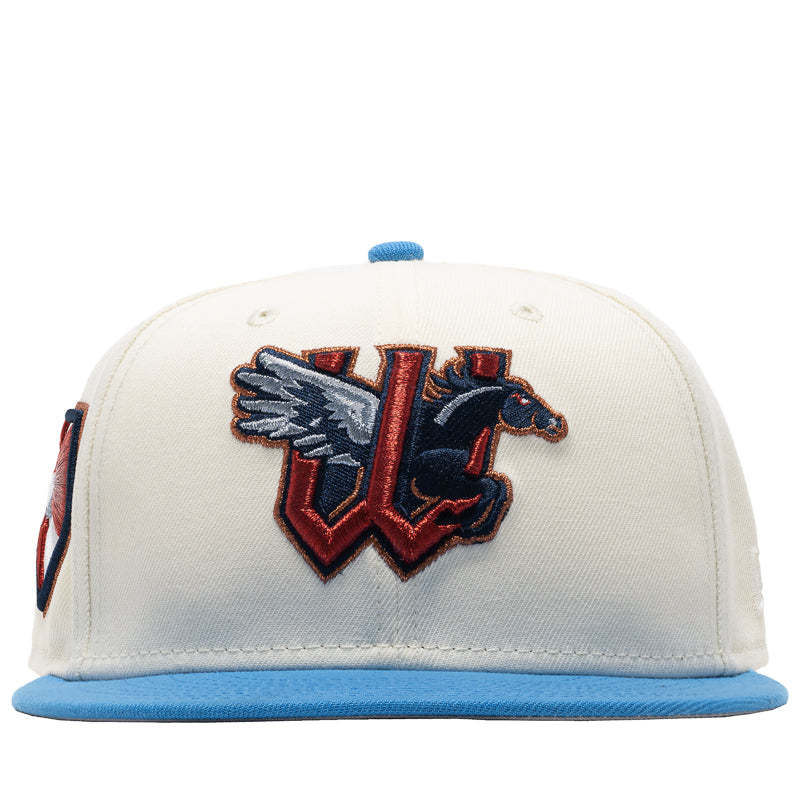 New Era x Politics Wichita Wind Surge 59FIFTY Fitted Baseball Cap - Chrome/Blue - Official MLB Licensed Hat for Sports Fans & Streetwear Fashion