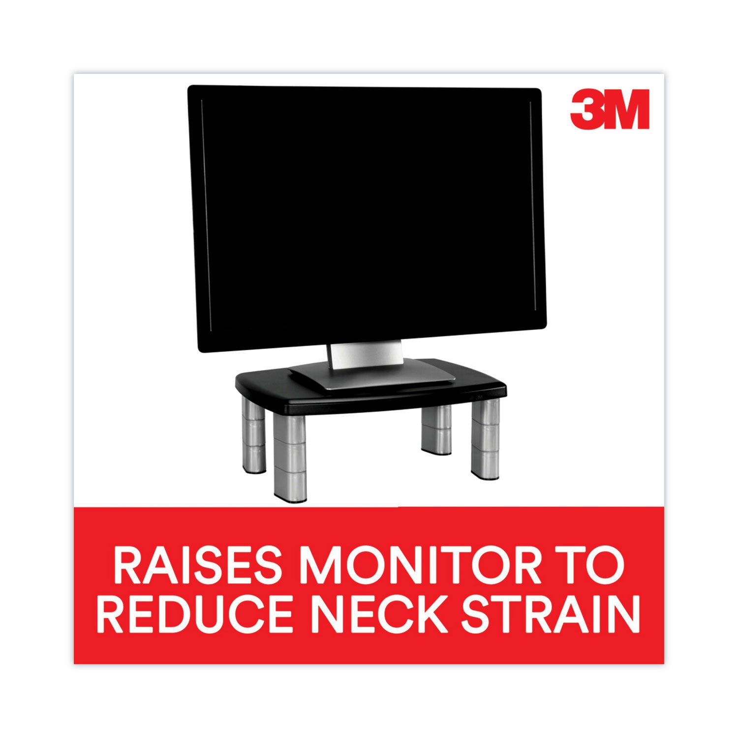 3M™ Adjustable Height Monitor Stand - Ergonomic Black/Silver Desktop Riser (15