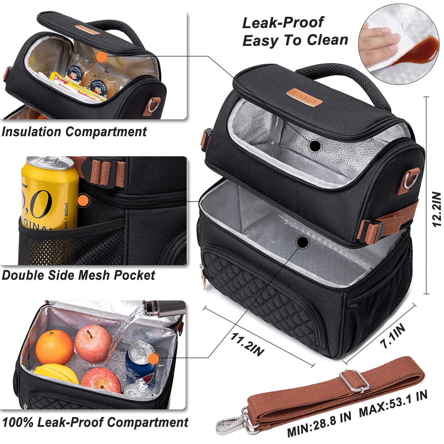 Artelaris Large Insulated Lunch Bag for Men & Women - Leak Proof Double Compartment Cooler Tote for Work, School & Picnics - Black & Grey Lunch Box with Dual Deck Design