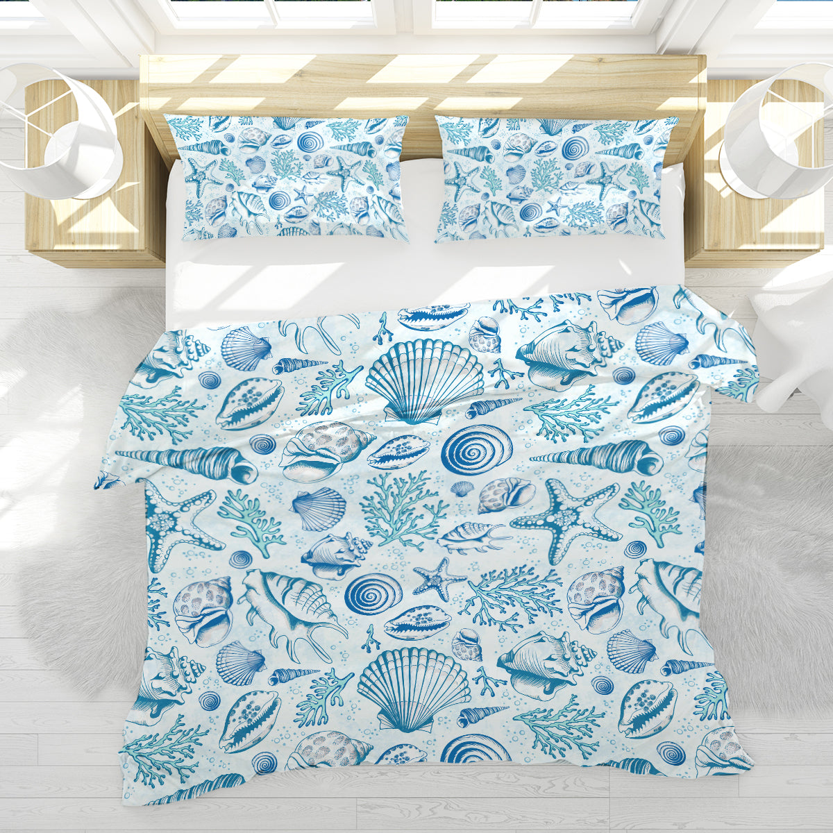 Blue Seashells Duvet Cover Set King Size - Ocean Theme Coastal Bedding - 3 Piece Luxury Soft Microfiber Comforter Cover with Pillow Shams - Perfect for Beach House, Guest Room & Coastal Decor
