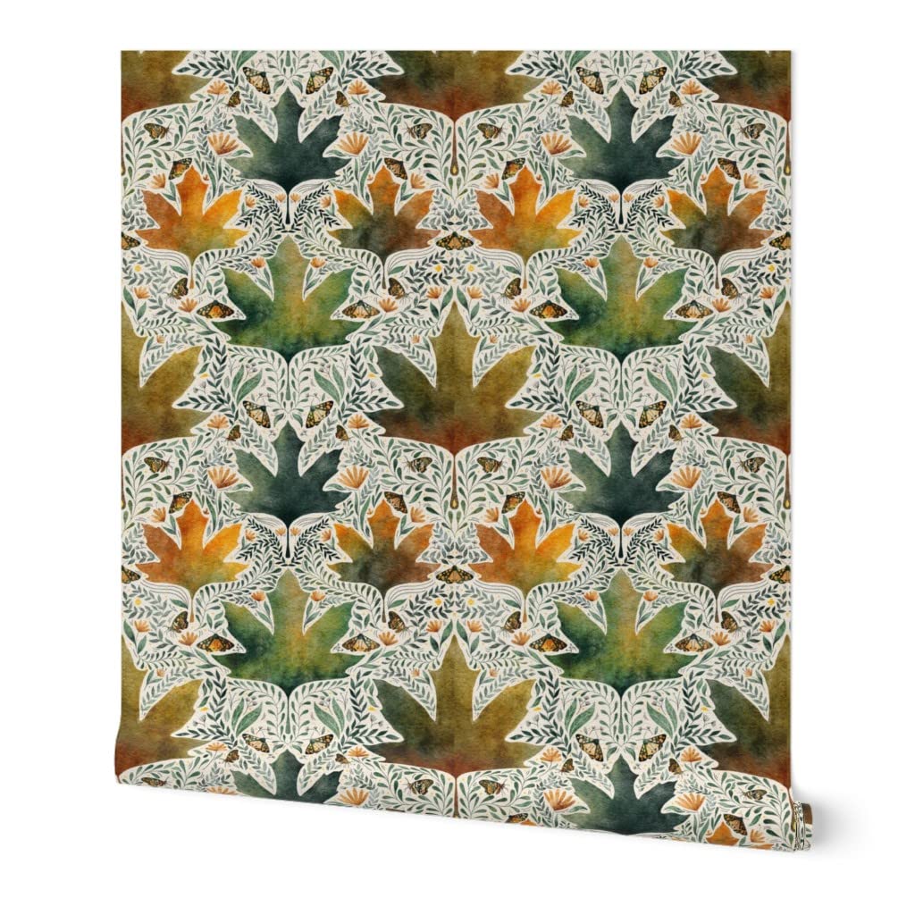 Peel & Stick Removable Wallpaper 12ft x 2ft - Autumn Botanicals Watercolor Damask Pattern, Self-Adhesive Wall Decal for Bedroom, Living Room & Nursery by Spoonflower