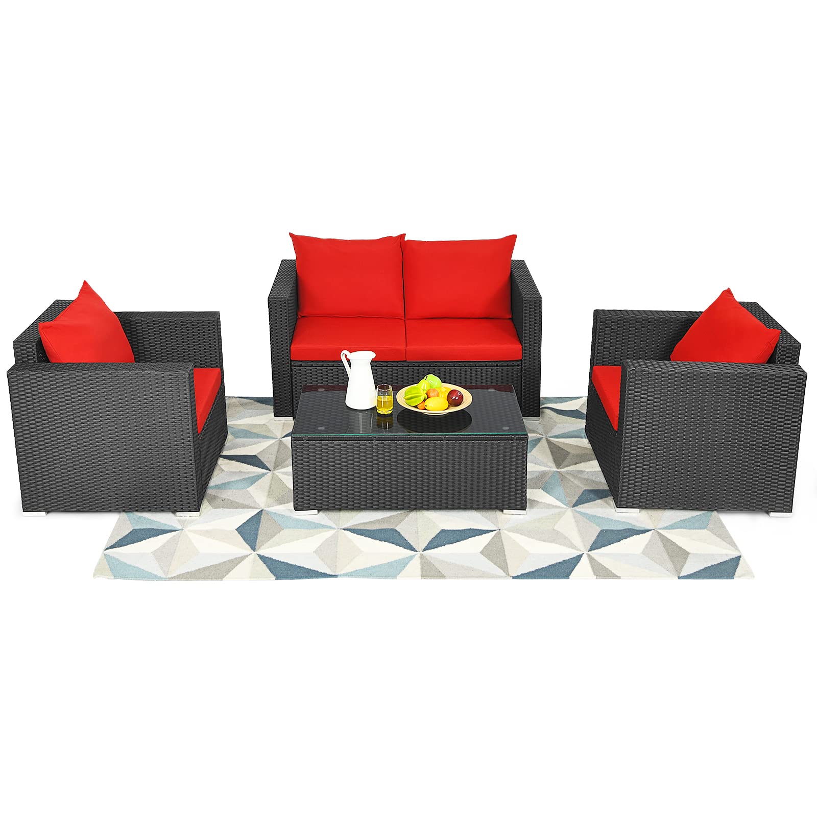 Tangkula 4-Piece Outdoor Rattan Patio Furniture Set - Wicker Sofa Sectional with Cushions & Glass Coffee Table for Garden, Balcony, Courtyard - Perfect for Relaxing, Entertaining & Outdoor Gatherings