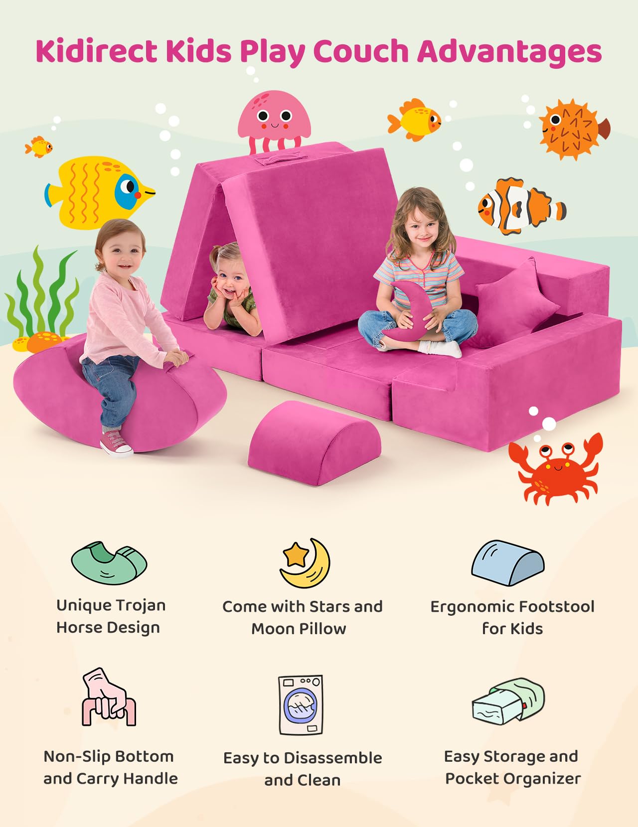 Kidirect Modular Kids Play Couch - Convertible Foam Sofa for Toddlers, Foldable DIY Building Fort & Floor Cushion for Playroom & Bedroom - Creative Play Furniture for Boys & Girls (Pink) - Perfect for Indoor Playtime, Reading Nook & Nap Space