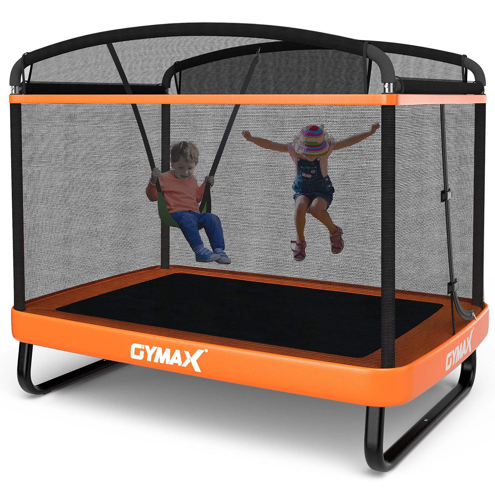 GYMAX 6FT Kids Trampoline with Swing & Safety Enclosure Net - ASTM Approved Rectangle Toddler Trampoline for Indoor/Outdoor Use - Perfect Birthday Gift for Boys & Girls - Backyard Fun, Playroom Activity, Preschool Exercise Equipment